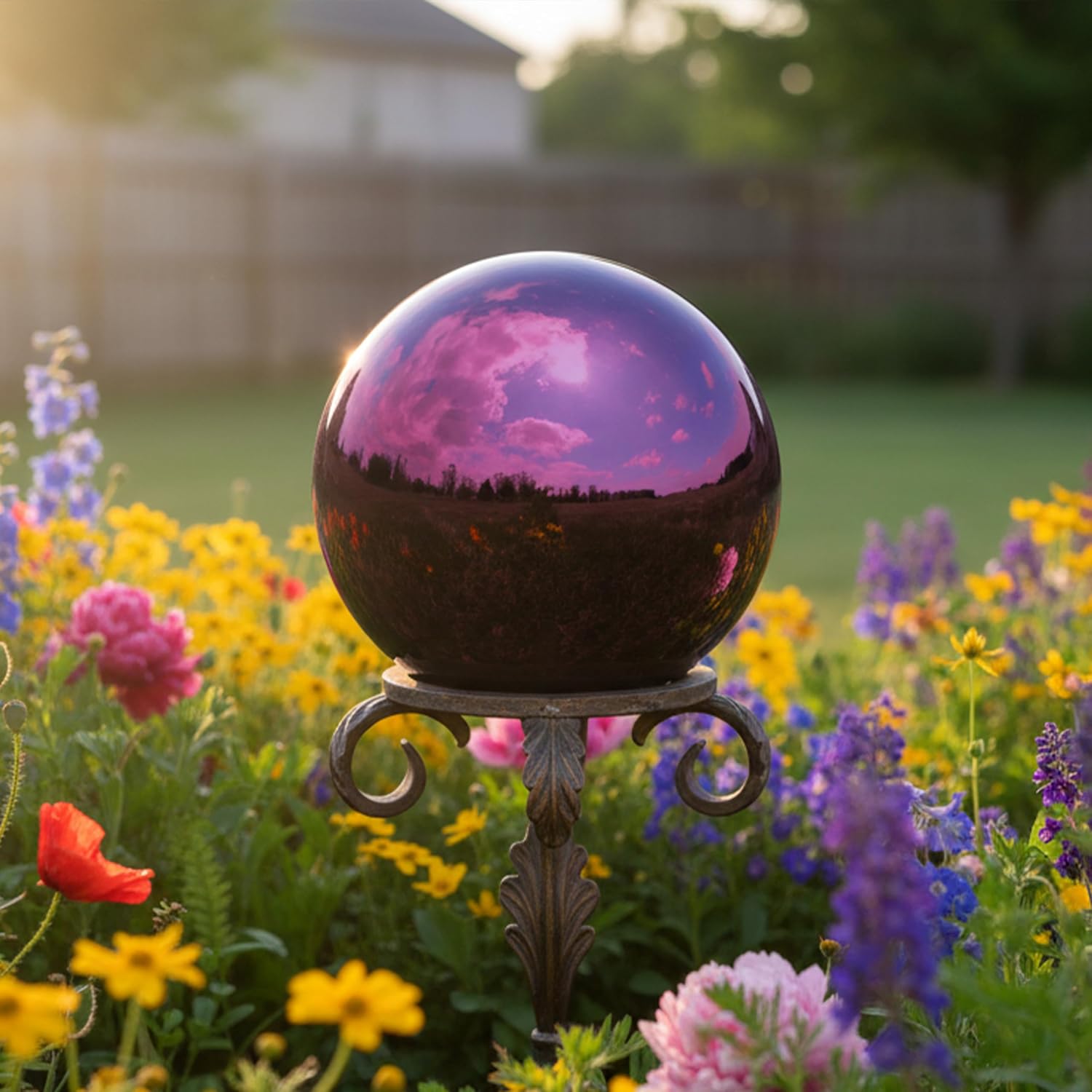 Sunnydaze 10-Inch Handblown Mirrored Glass Gazing Ball, Red | Reflective Outdoor Garden Globe Sphere, for Yard, Patio, Flower Bed, Walkway, and Landscape Decor, Stainless Steel Finish