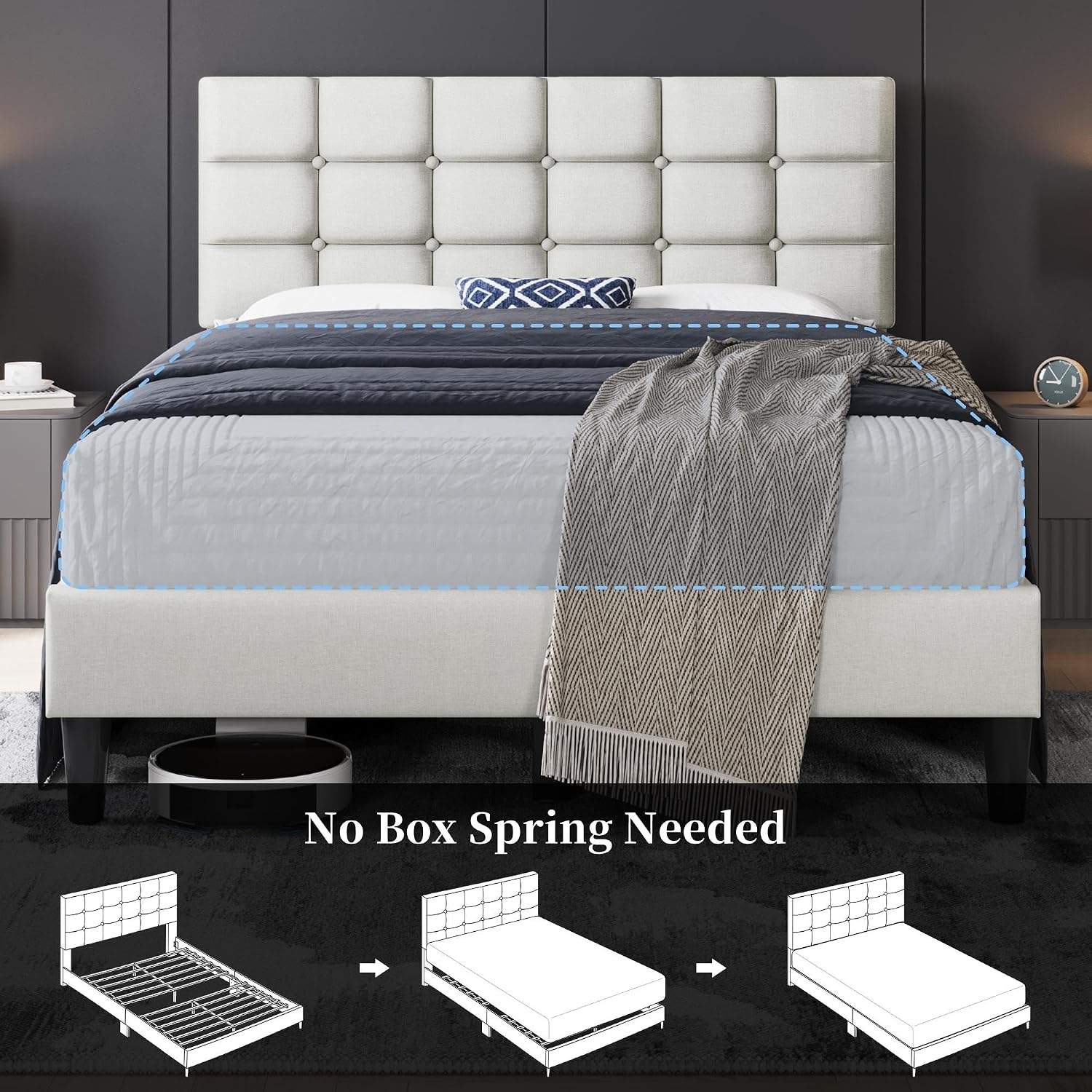 Yaheetech Full Size Upholstered Tufted Bed Frame with Headboard, Dark Gray | Sturdy engineered wood frame with linen fabric upholstery features a soft tufted headboard for easy assembly and support