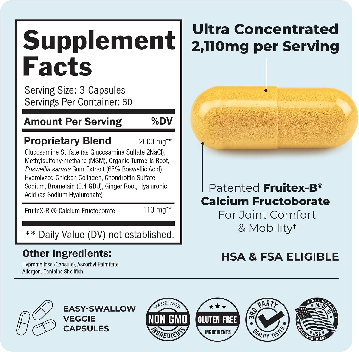 Glucosamine Chondroitin MSM Joint Support Supplement, 90 Capsules | Turmeric & Ginger, Hyaluronic Acid, Collagen, Glucosamine Chondroitin Sulfate for Joint Comfort, Gluten Free, Non GMO
