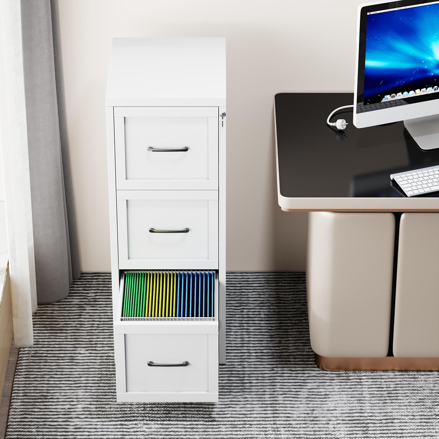 3 Drawer File Cabinet, Office Mobile Filing Cabinet, Printer Stand | All-in-One Office Storage, 3 Storage Drawers, 2 Adjustable Shelves, Lockable Cabinet, 4 Casters, 46.5-Inch Top