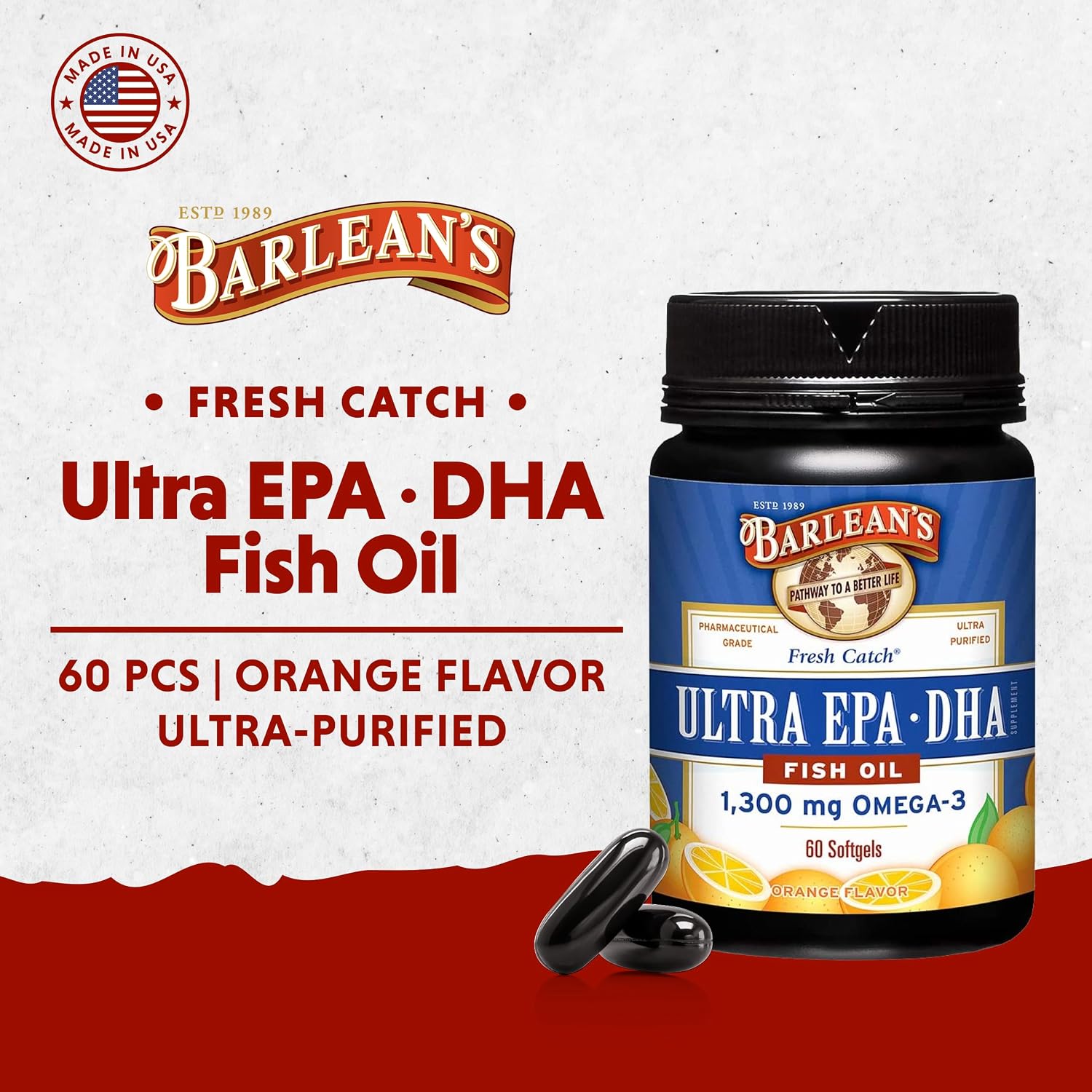 Barlean's Orange Omega-3 Fish Oil Softgels, 1300mg EPA & DHA, 60ct | Wild-caught fish oil, Ultra-high potency EPA DHA omega-3, Burpless, Non-GMO