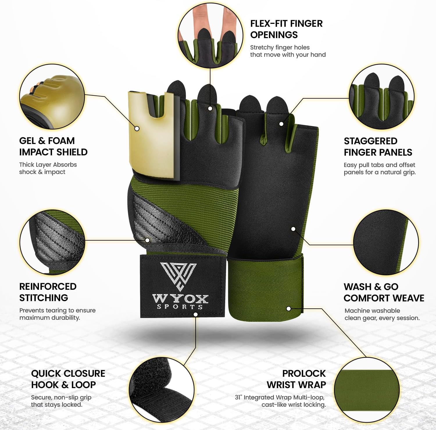 WYOX Neoprene Gel Boxing Hand Wraps Inner Gloves for Men & Women – 80cm/31in Quick Wrist Strap, Padded Knuckle Protection