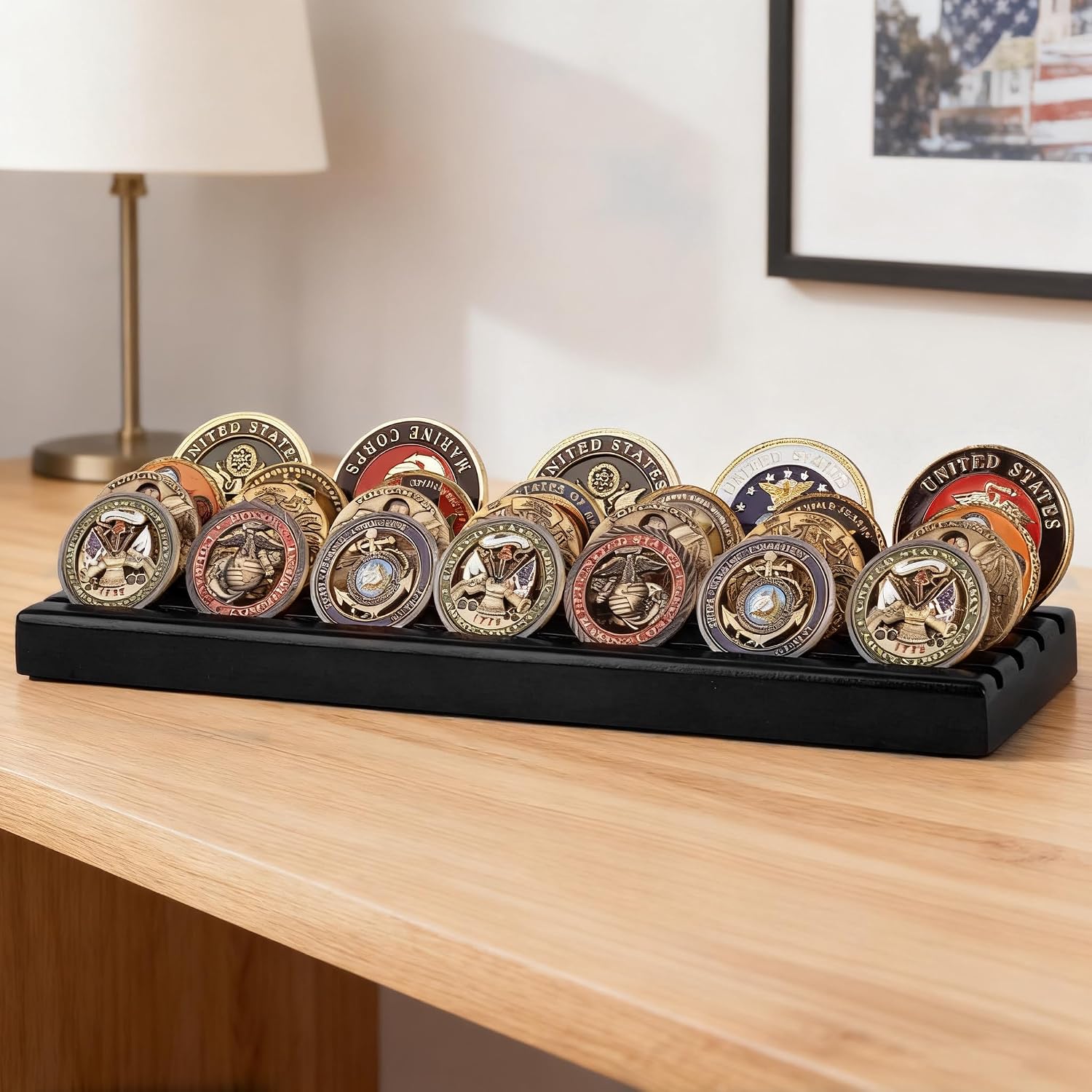 DisplayGifts Challenge Coin Display Stand 4 Row Wooden Holder Rack Case Holds 28 Coins Walnut Finish