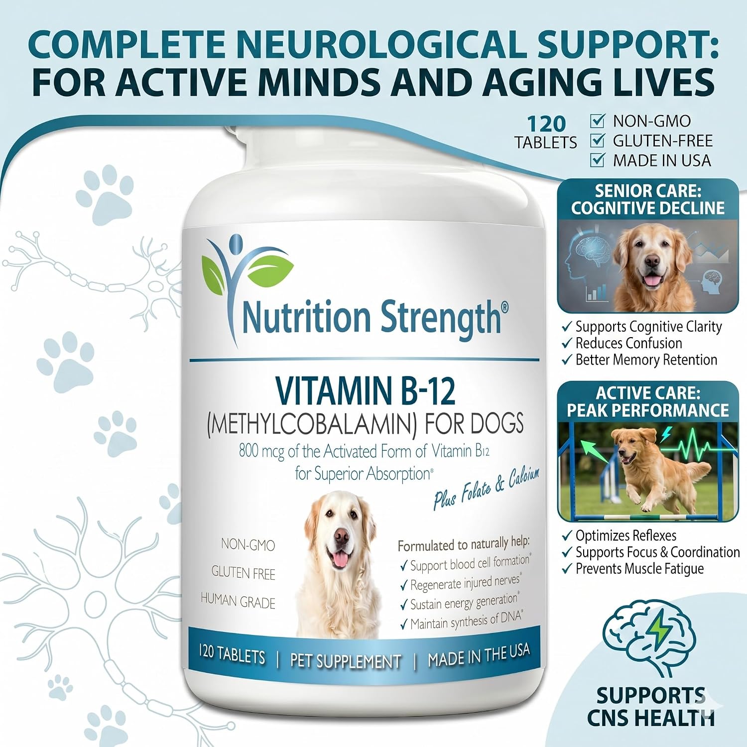Vitamin B12 for Dogs Plus Folate & Calcium, Support the Nervous System & Blood Cell Formation
