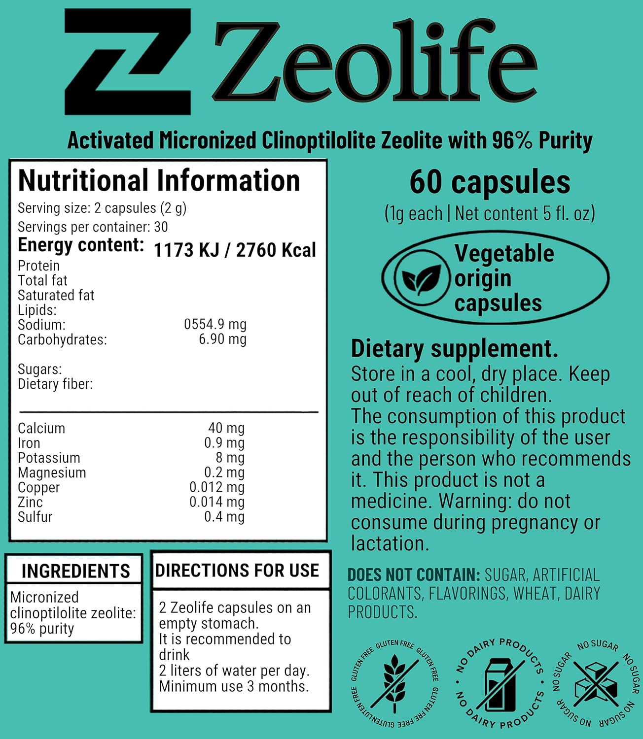 Zeolite Clinoptilolite Capsules Micronized Activated Volcanic Mineral Supplement Food Grade 96% Pure Formula 60 Count 1g Vegan Gluten Free