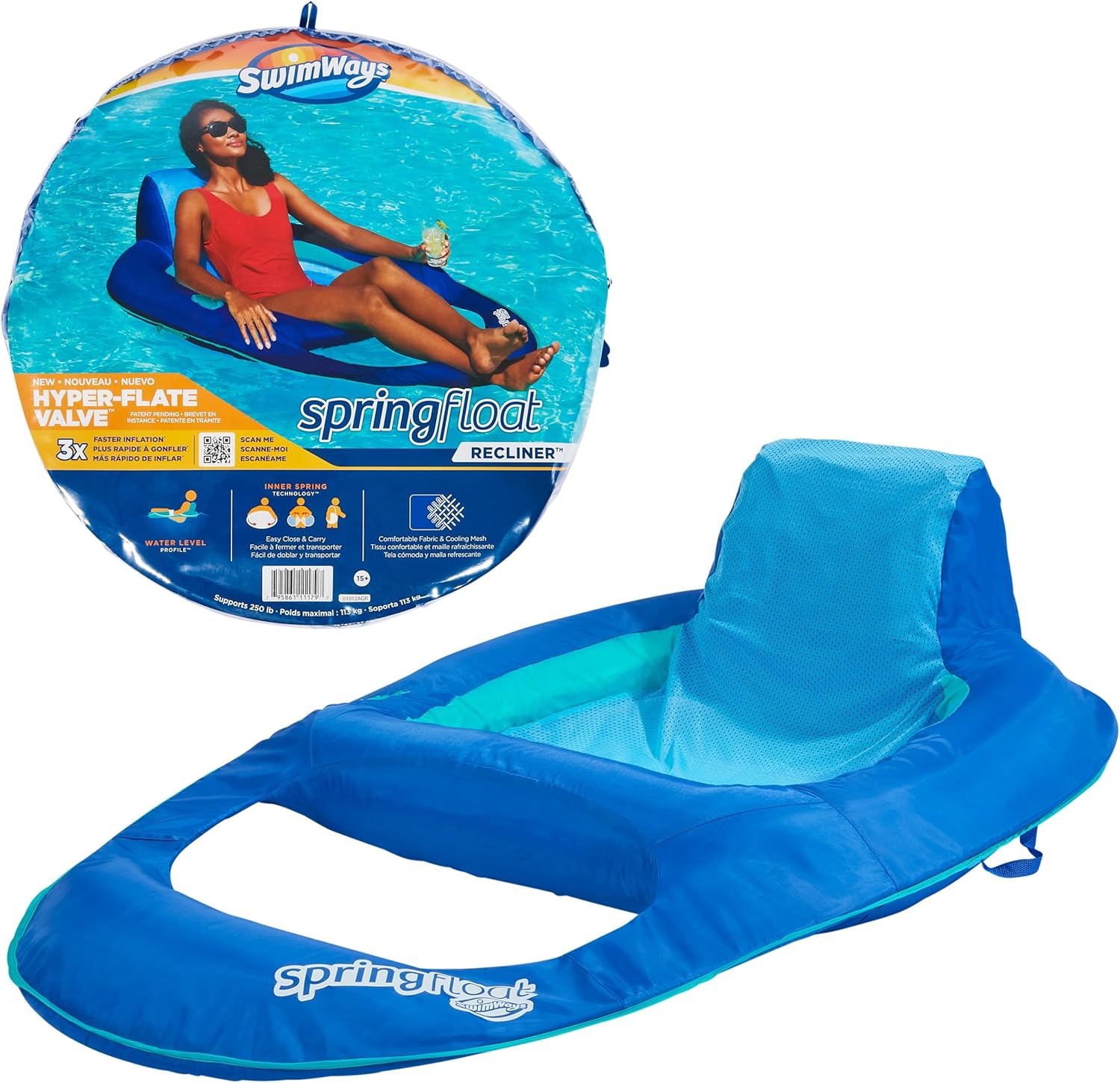 SwimWays Spring Float Recliner Chair for Swimming Pool, Inflatable Pool Floats Adult with Fast Inflation, Cup Holder & Foot Rest for Ages 15 & Up