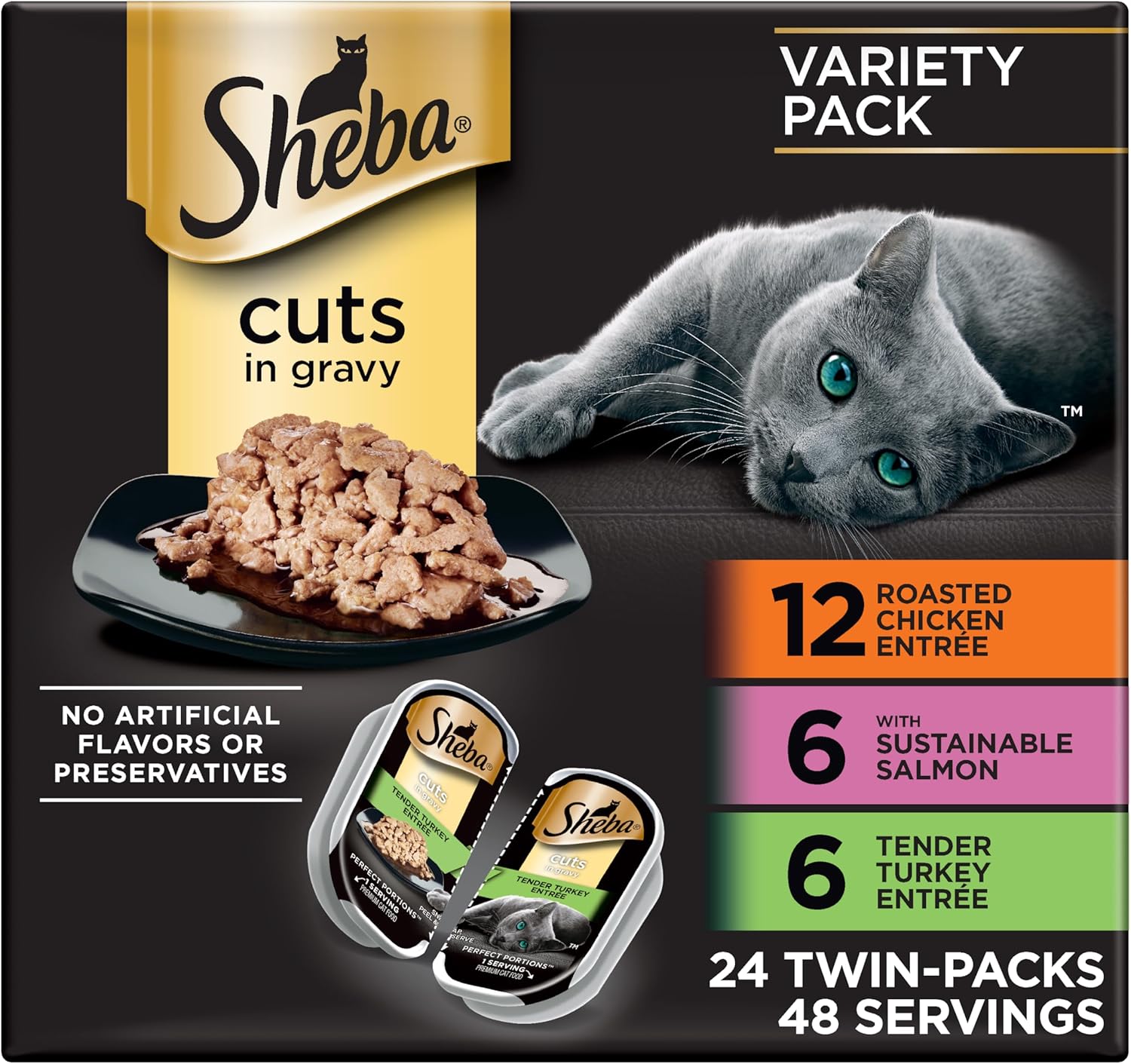 Sheba Perfect Portions Cuts Wet Cat Food, Chicken & Turkey, 2.6 oz, 12 ct | Grain-free, Roasted Chicken & Tender Turkey, adult cat food, protein-rich, no fillers or artificial flavors, twin-pack trays