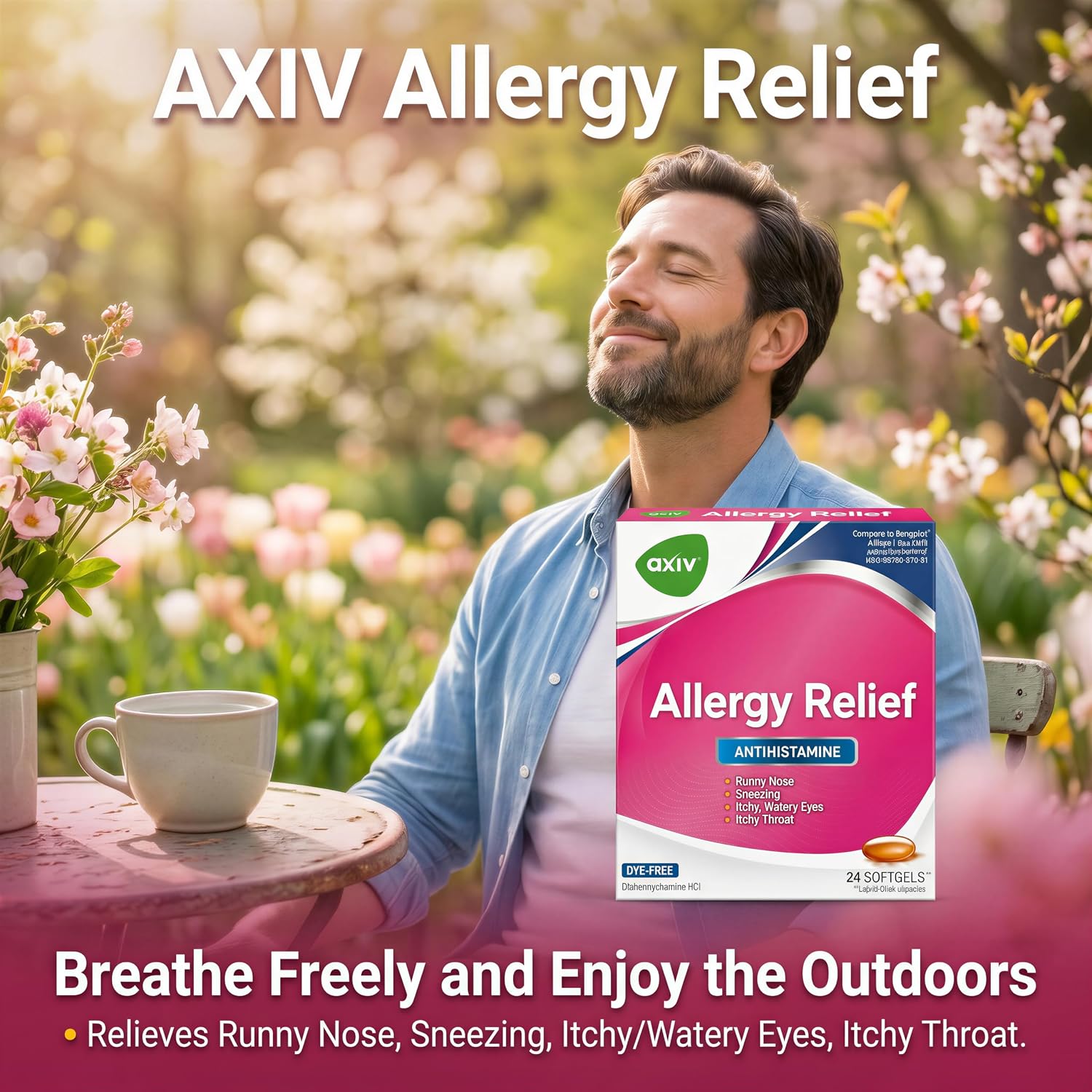 AXIV Allergy Relief Softgels, Antihistamine Medicine & Cold Symptom Relief, Dye-Free Liquid Gels, 25 mg Diphenhydramine HCl, Runny Nose, Sneezing, 24 Count (24 Softgels)