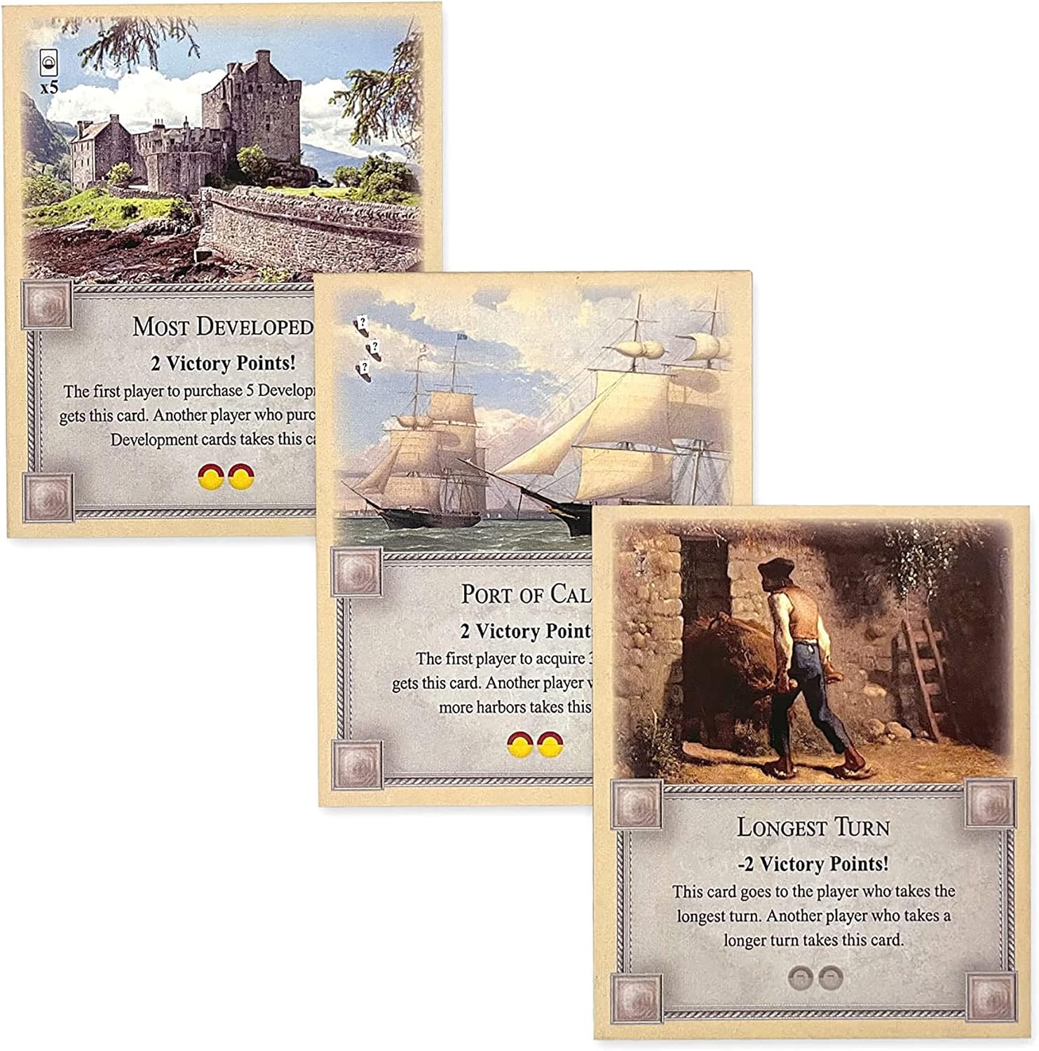 Longest Turn, Most Developed and Port of Call Cards compatible with Catan's Settlers of Catan 5th Edition, Seafarers