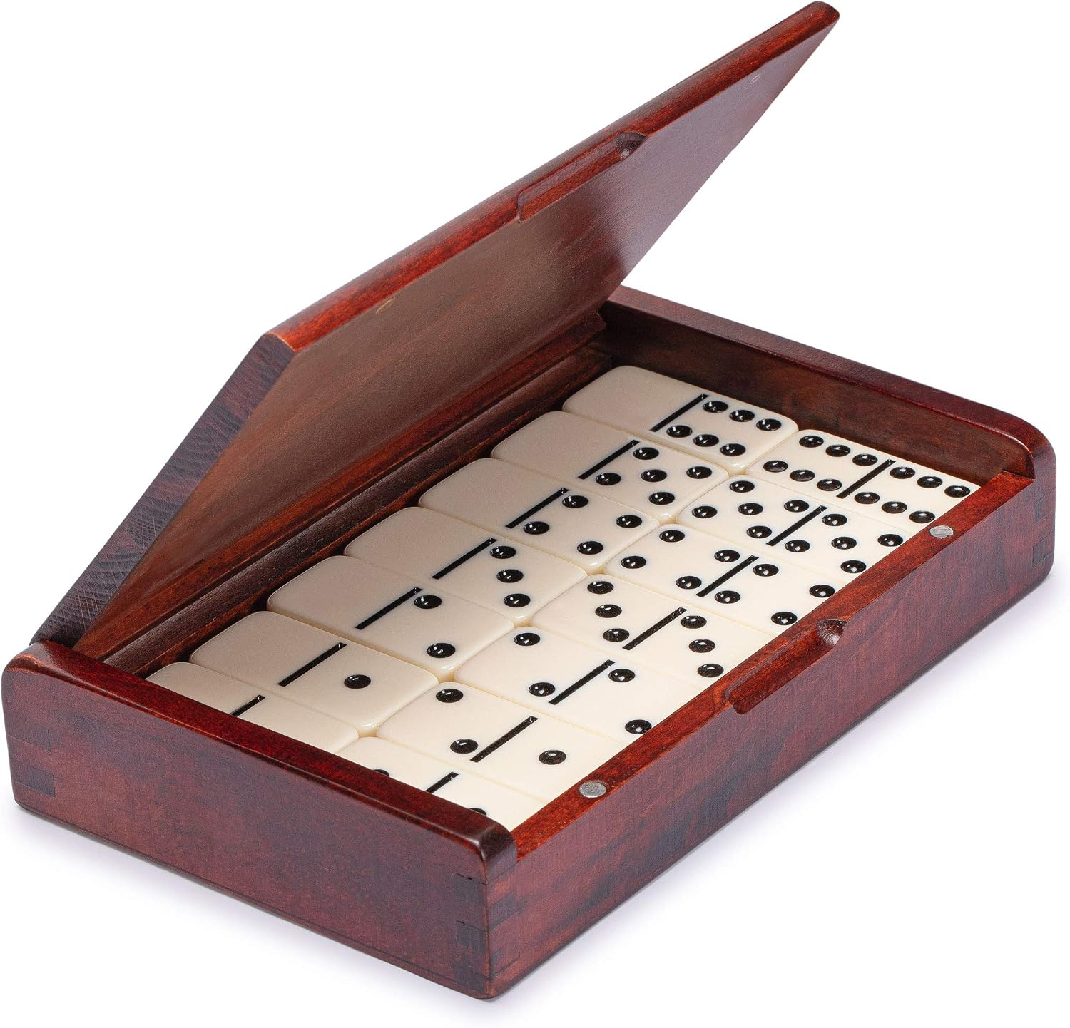 Yellow Mountain Imports 28 Tiles Double 6 Dominoes (Pips/Dots) Game Set - Jumbo Tournament Size Dominos with Dark Oak Wood Case