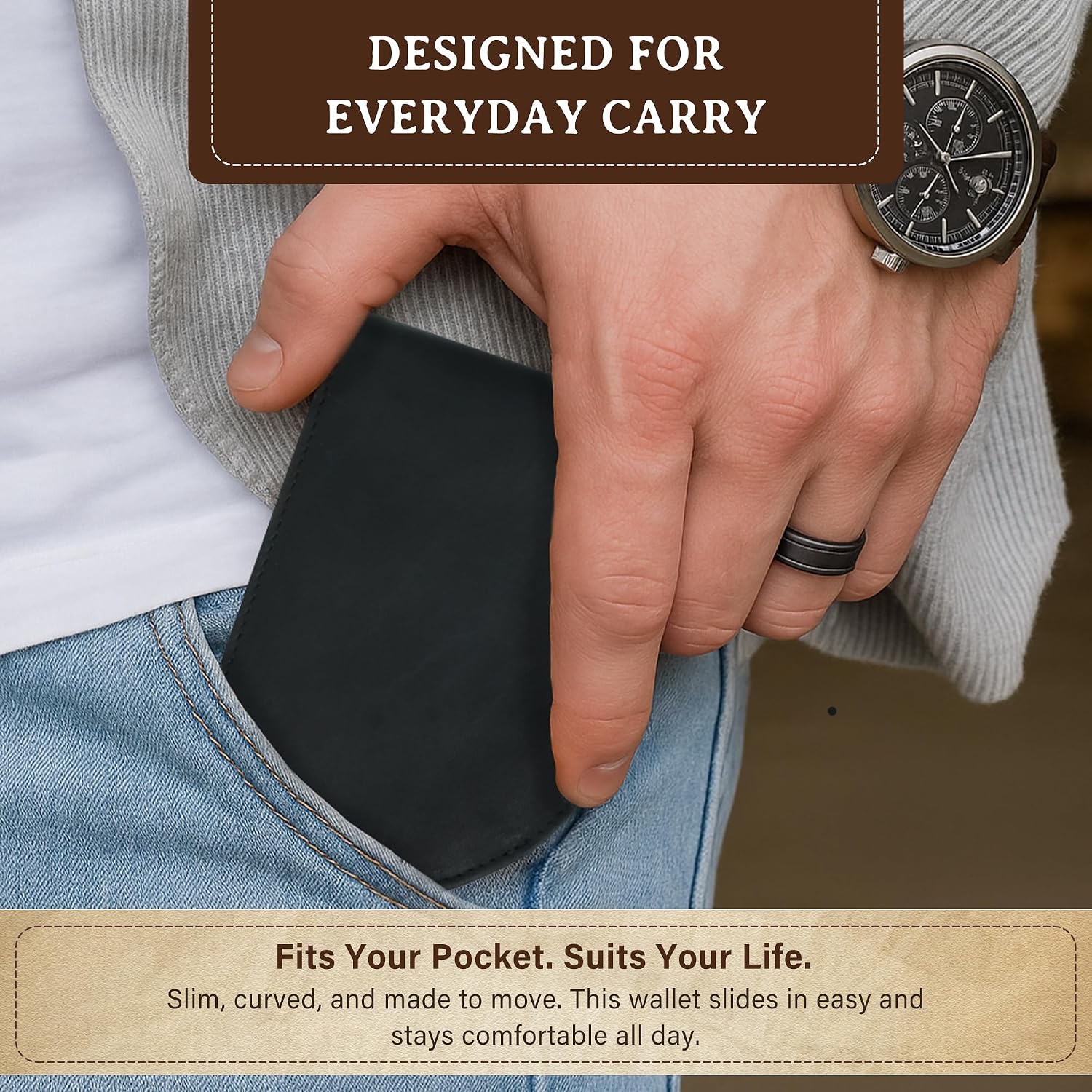Genuine Bison Leather Wallet for Men, RFID Slim, Brown | Genuine bison leather wallet for men with RFID blocking and curved front pocket fit. Rugged slim everyday carry, brown.