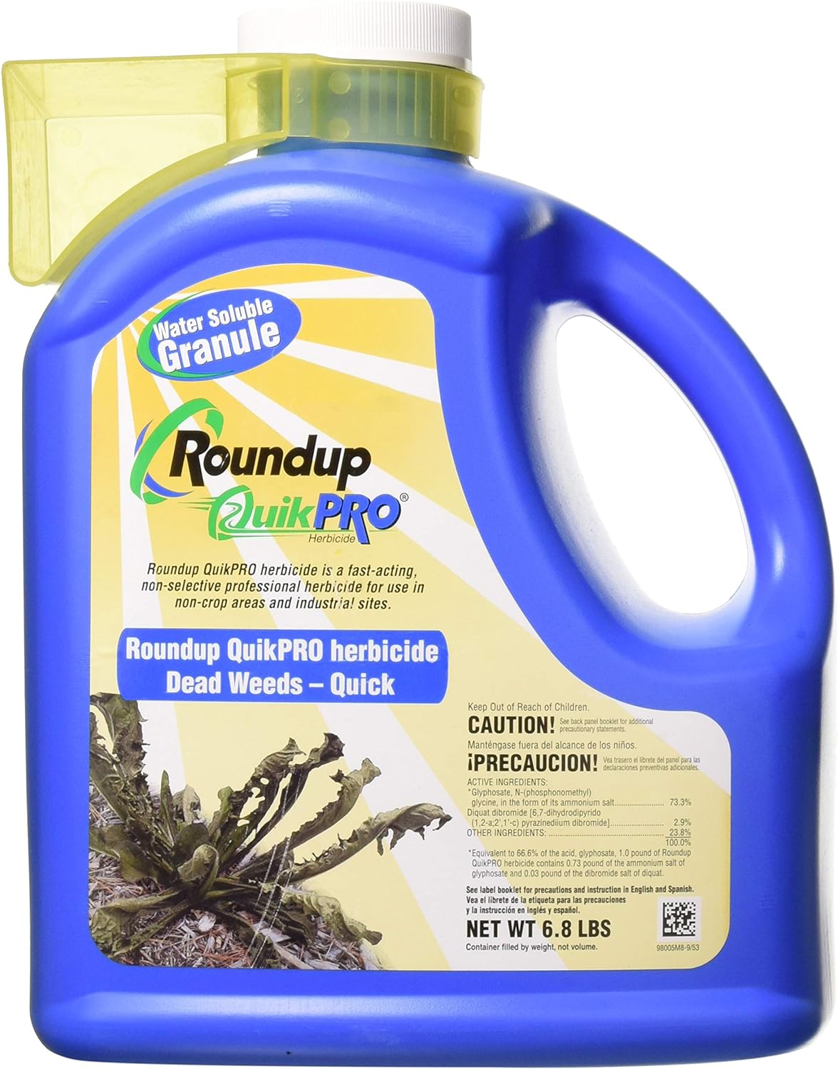 Roundup QuikPro, 6.8 lb. Jug | Water-Soluble Granules, Makes 72 Gallons, Visible Results in 24 Hours, Complete Weed Control
