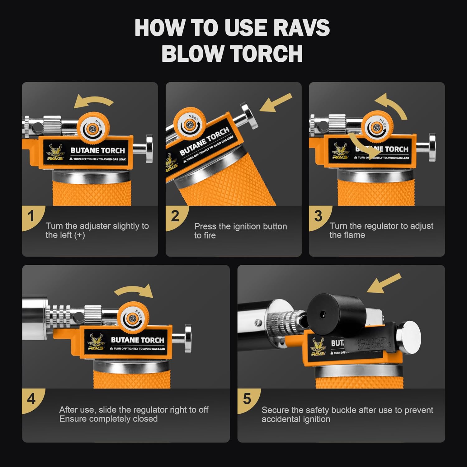 RAVS Butane Torch Lighter, Premium Metal Kitchen Torch with Adjustable Flame & Safety Buckle, Refillable Creme Brulee Torch for Baking, BBQ, DIY