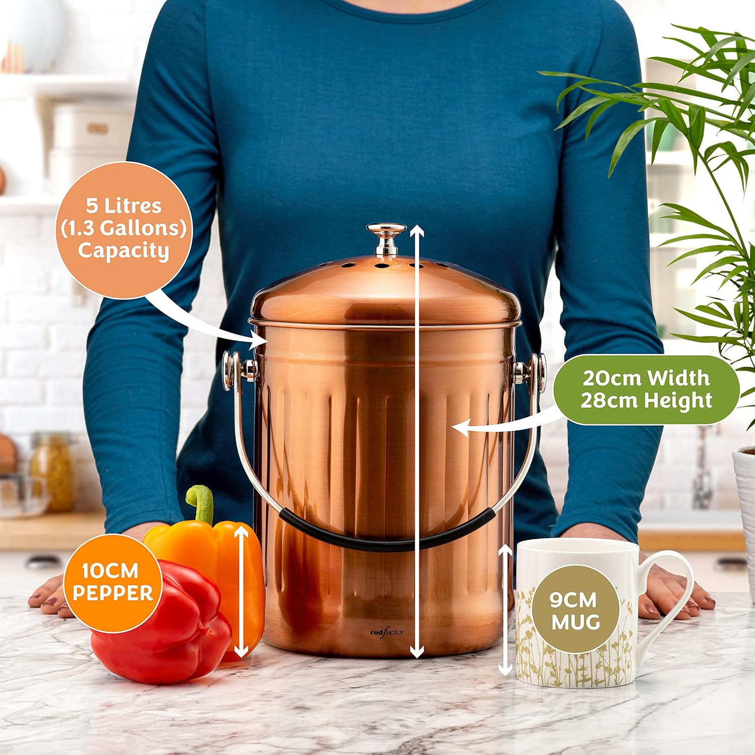 RED FACTOR Premium Compost Bin for Kitchen Countertop - Stainless Steel Food Waste Bucket with Innovative Dual Filter Technology - Includes Spare