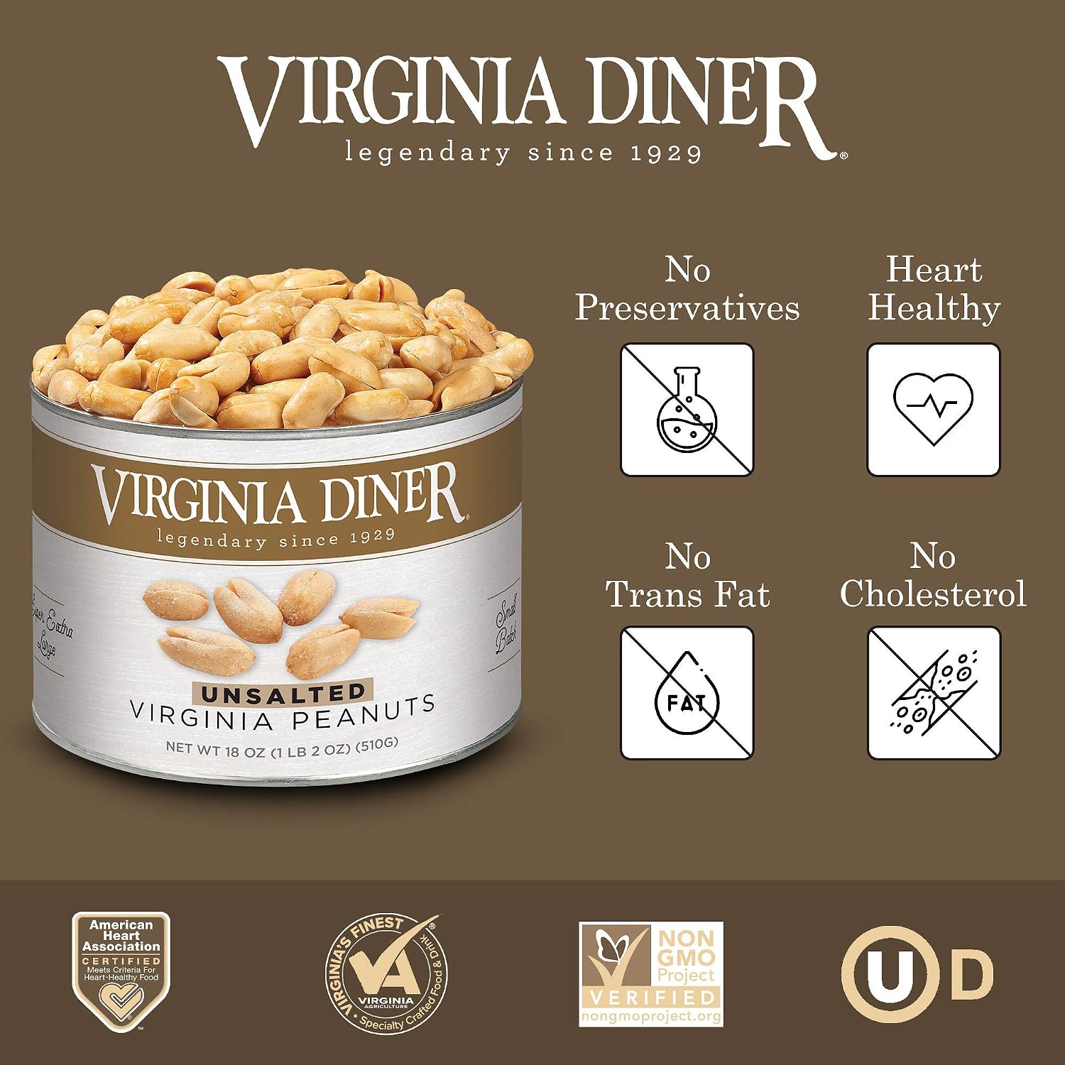 Virginia Diner Salted Virginia Peanuts - XL Gourmet Peanuts Non-GMO, Preservative Free Gifts from Virginia Since 1929-18 Oz Can