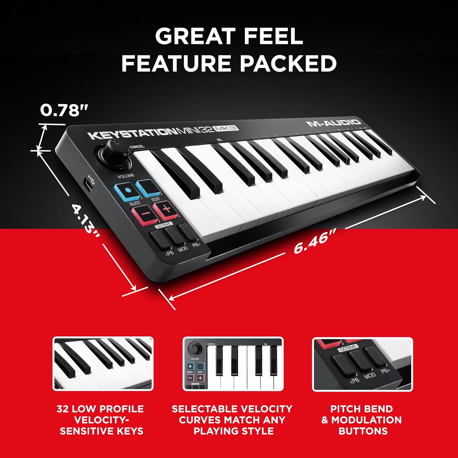 M-AUDIO Keystation Mini 32 MK3 USB MIDI Controller | Portable Mini Keyboard, 32 Velocity-Sensitive Keys, and Bundled DAW Recording Software