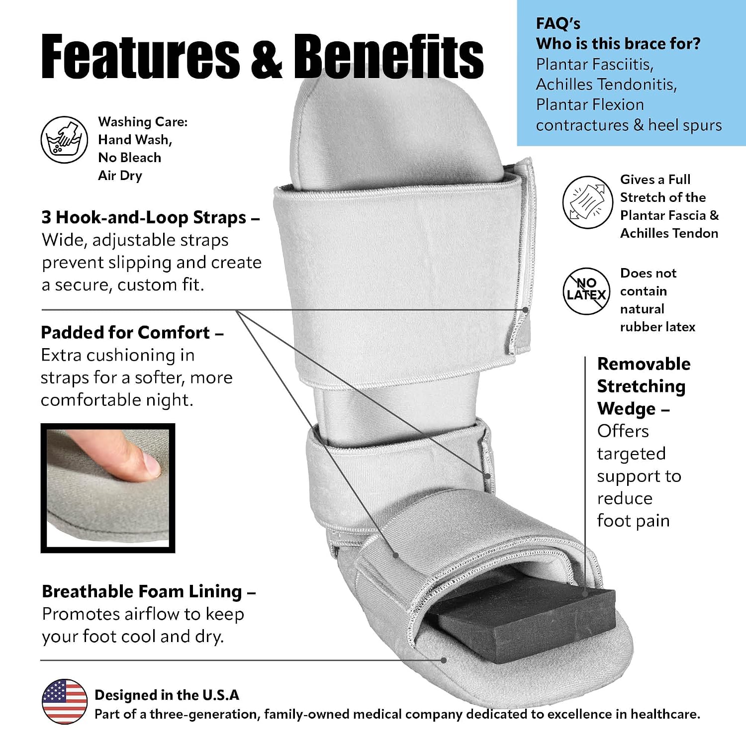 Brace On 90 Degree Night Splint, 3 Straps, Adjustable, Foam Wedge, Medium | Fits Men's Shoe Size 6-8 and Women's 7.5-9.5, Overnight Positioning, Ultra-Soft Materials, Removable Foam Wedge