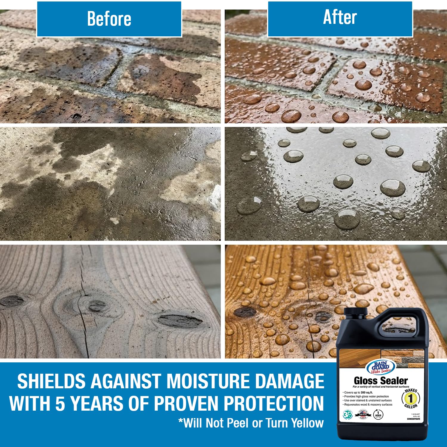 Rainguard Clear Gloss Sealer, Wet Look Water Based Silicone Acrylic Waterproofer for Concrete, Wood, Brick, Stone & Masonry Surfaces, Ready to Use, 1 Gallon | Water Based Silicone Acrylic For Wood, Brick, Stone & Masonry Surfaces, Ready To Use For Pavers…
