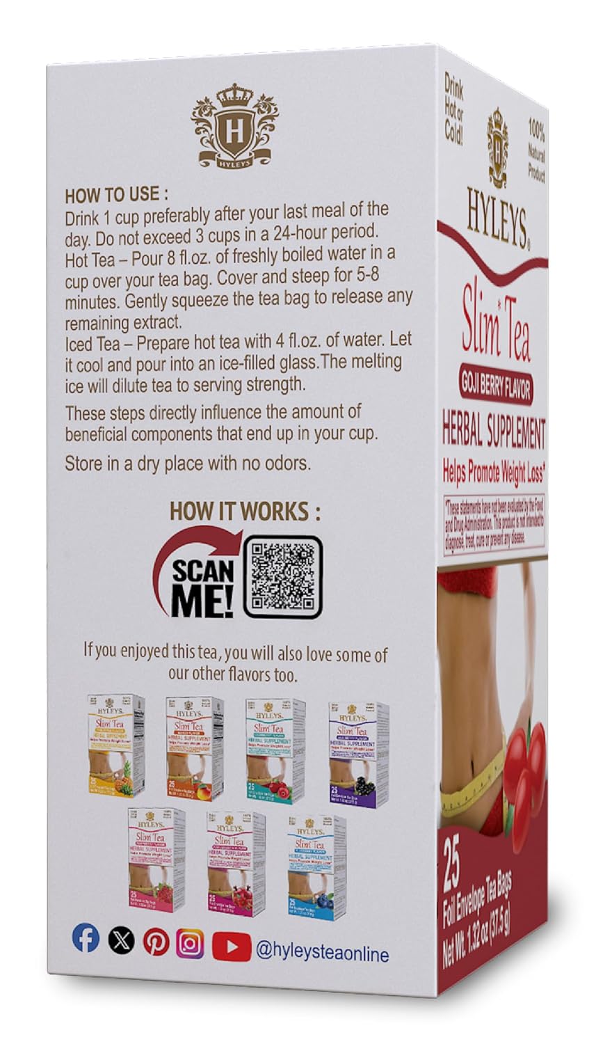 HYLEYS Slim Tea Goji Berry, Weight Loss Detox, Slimming Diet Tea, 25 Bags | Green Tea, Senna Detox & Cleanse, 3 Natural Ingredients, No Added Sugar, 1-Step Bedtime Routine, Supports Digestion