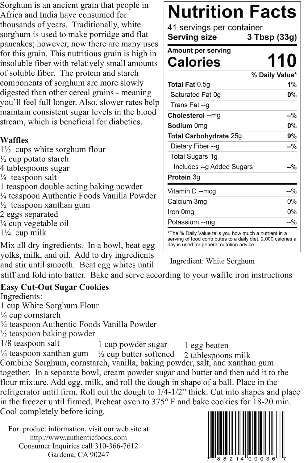 Authentic Foods Sorghum Flour Superfine 3lbs