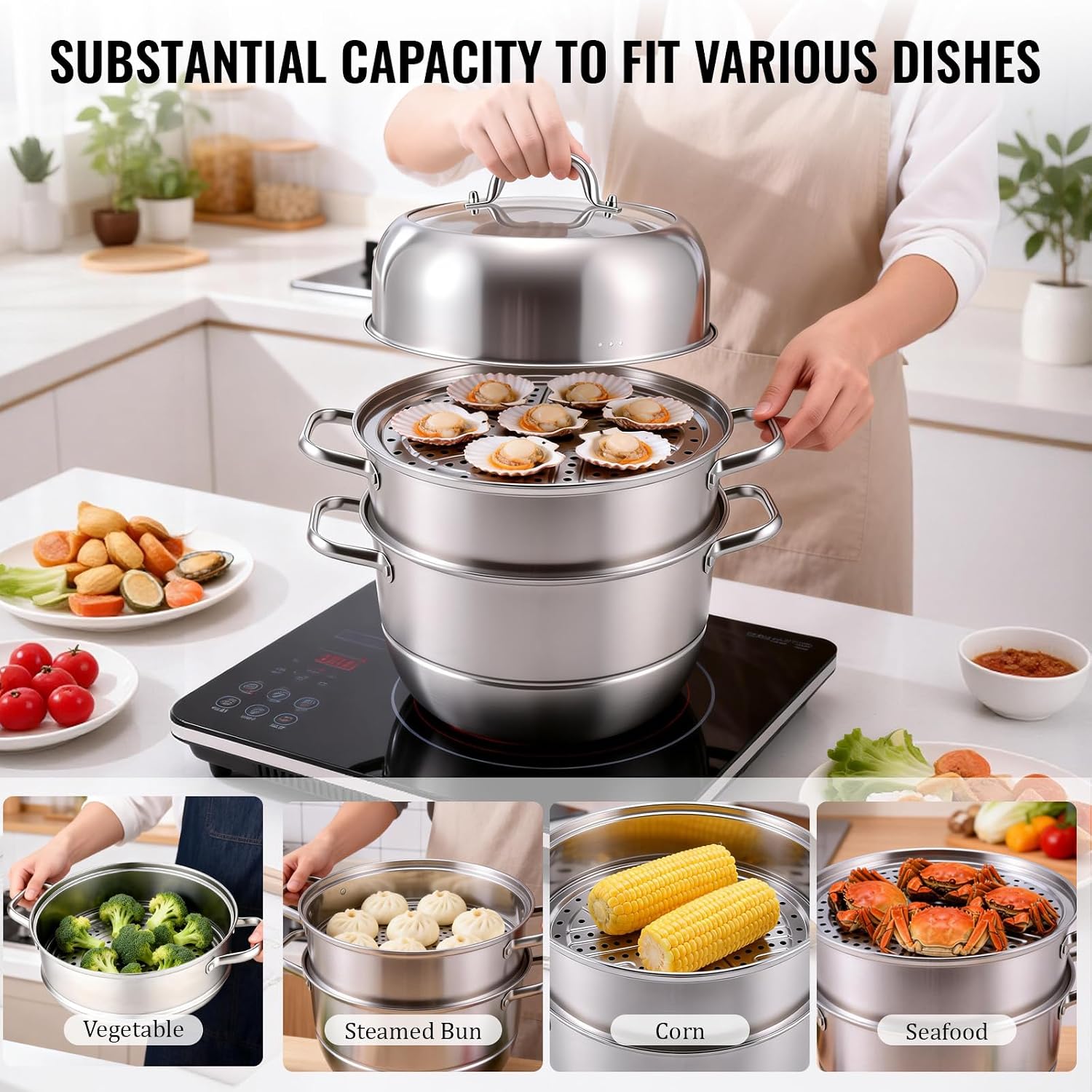 3-Tier 24 Qt Stainless Steel Steamer Pot with Glass Lid – Multi-Layer Stackable Cookware for Tamales