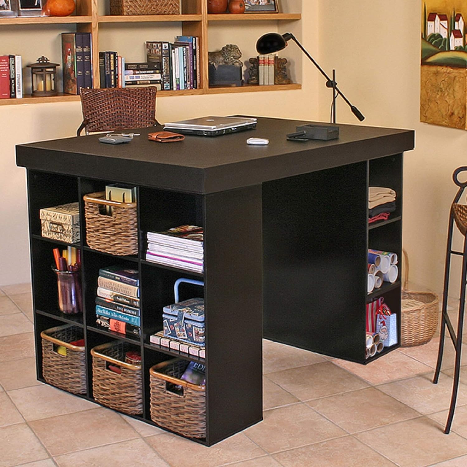 Project Center Desk with Bookcase and 3 Bin Cabinet-Oak