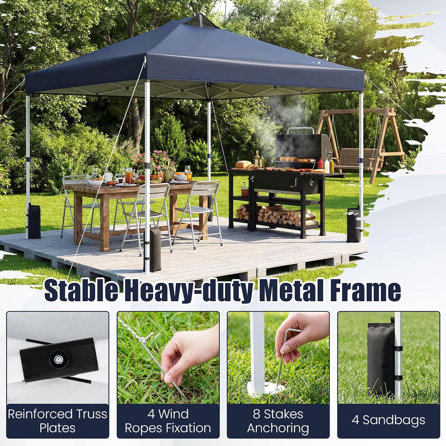 Tangkula 10 x10 Ft Pop Up Canopy with Center Lock, UPF 50+ One-Button Setup Outdoor Canopy Tent with Roller Bag, 4 Sand Bags, Heavy-Duty Steel Frame