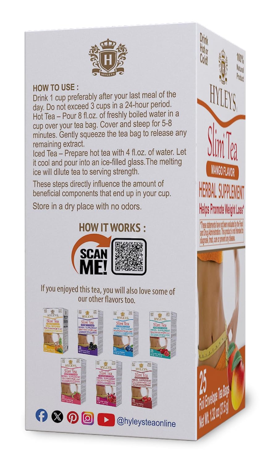 HYLEYS Slim Tea Goji Berry, Weight Loss Detox, Slimming Diet Tea, 25 Bags | Green Tea, Senna Detox & Cleanse, 3 Natural Ingredients, No Added Sugar, 1-Step Bedtime Routine, Supports Digestion