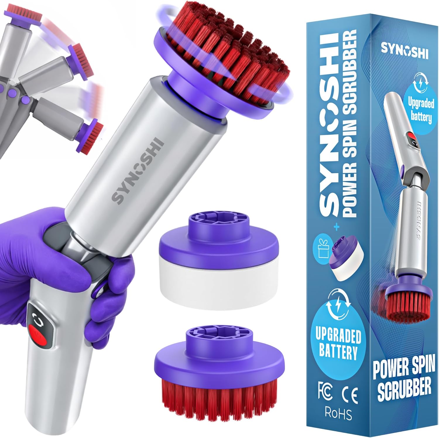 SYNOSHI PRO Electric Spin Scrubber Cordless Cleaning Bathroom Scrubber | Waterproof Shower Cleaning Brush with Adjustable Angles, 2 Speed