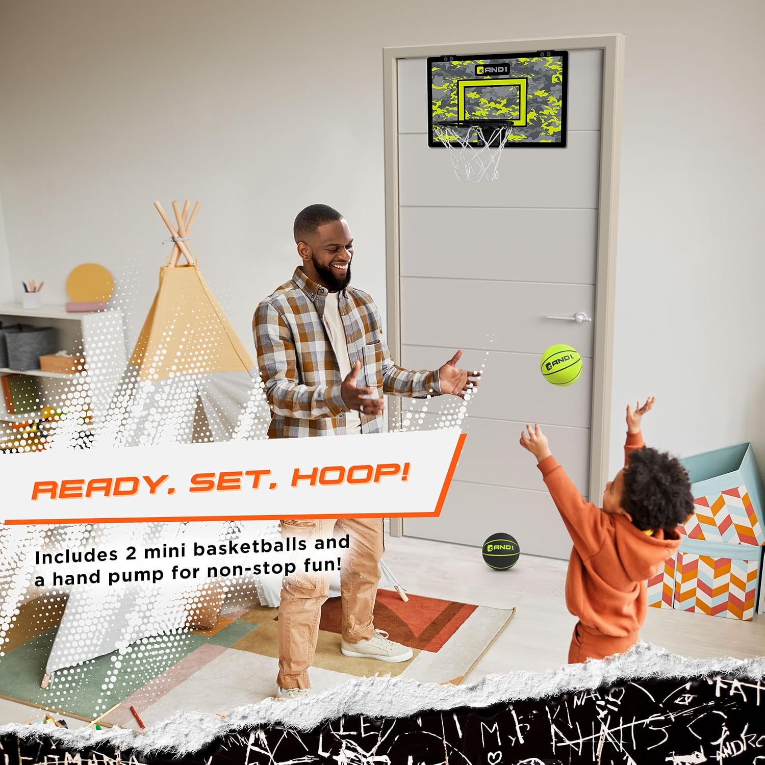 AND1 Over the Door Mini Basketball Hoop: 18x12 Shatterproof Backboard, 2 Mini Basketballs