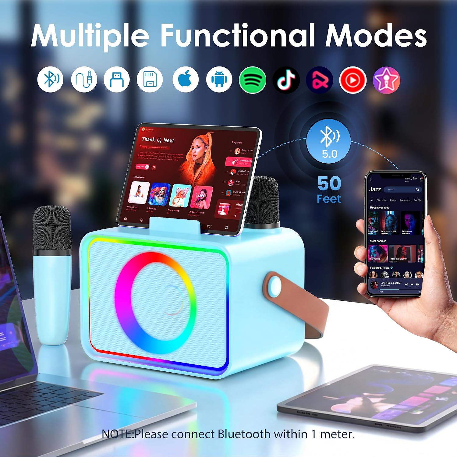 Karaoke Machine for Kids Adults,Portable Bluetooth Speaker with 2 Wireless Microphone with LED Lights, Karaoke Microphone with PA System Supports USB/TF/AUX,Gift for Party (Black)