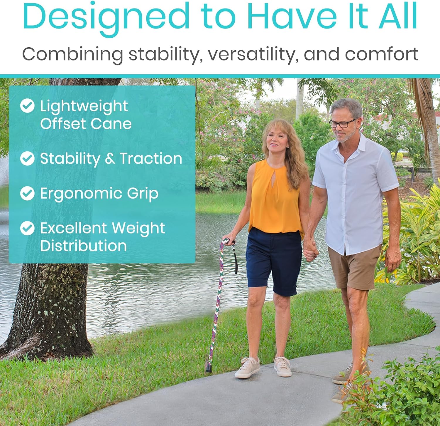 Vive Walking Cane for Women, Men, Elderly - Patented Offset Grip - Lightweight Adjustable Walking Aid with a Non-Slip Tip - Sturdy Balancing Mobility Aid for Seniors