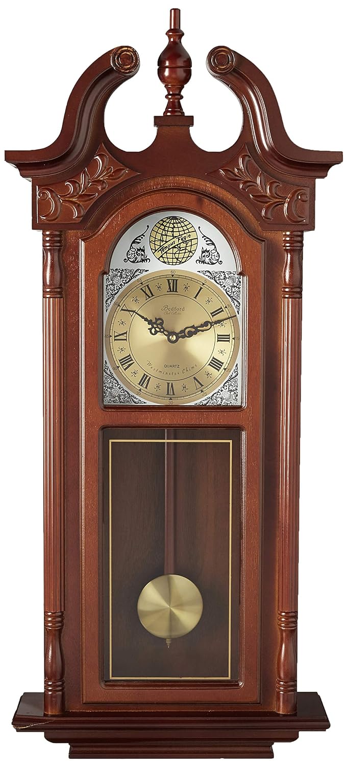 Bedford Clock Collection Grand Antique Chiming Wall Clock with Roman Numerals in a in a Cherry Oak Finish, 38" L