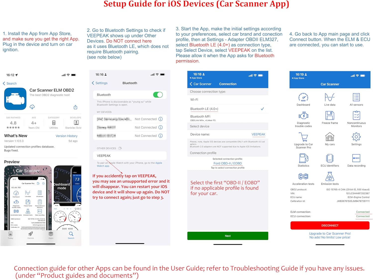 Veepeak OBDCheck BLE+ Bluetooth OBD II Scanner for iOS & Android, Car Check Engine Code Reader Wireless OBD Diagnostic Scan Tool