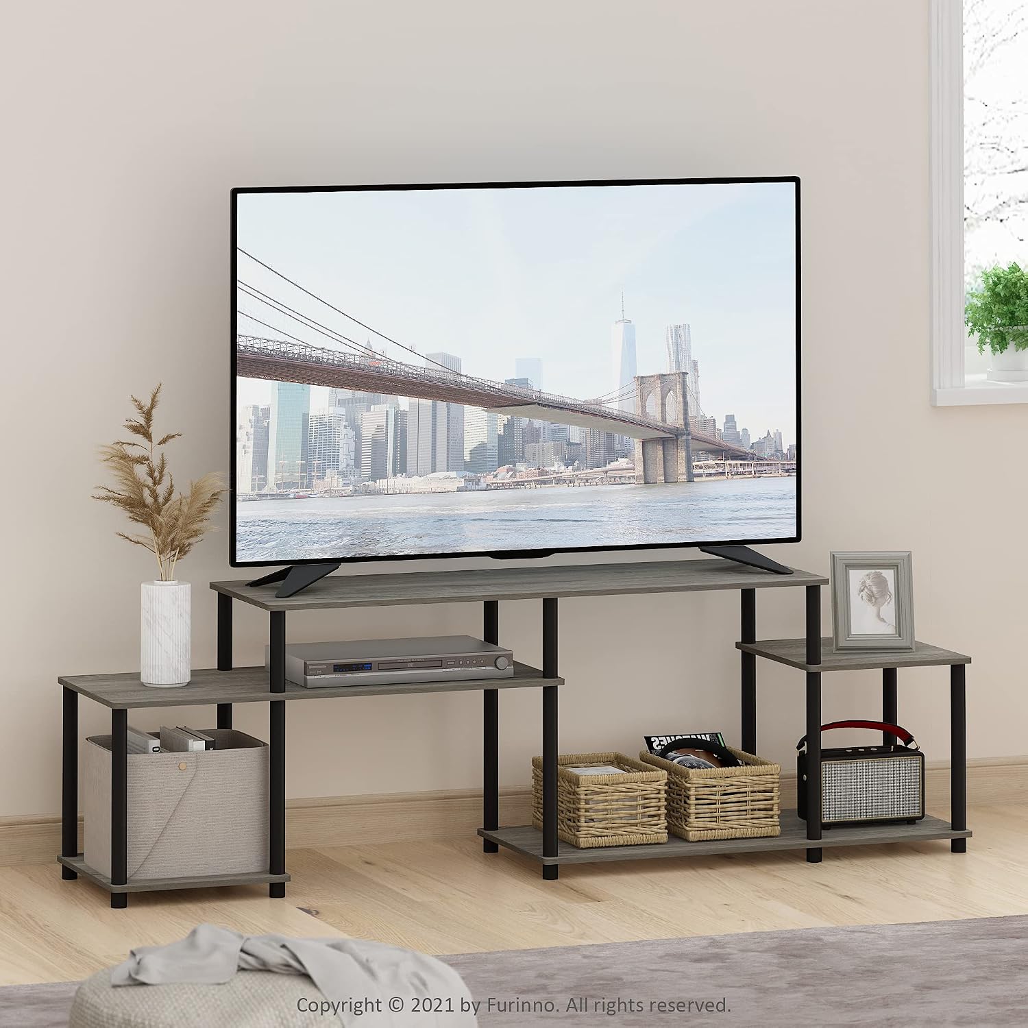 Furinno Nelly TV Stand, 3-Tier Entertainment Center with Open Shelves Storage, TV Console for TV up to 55 Inch, Soft Edges, for Living Room, Bedroom, Black