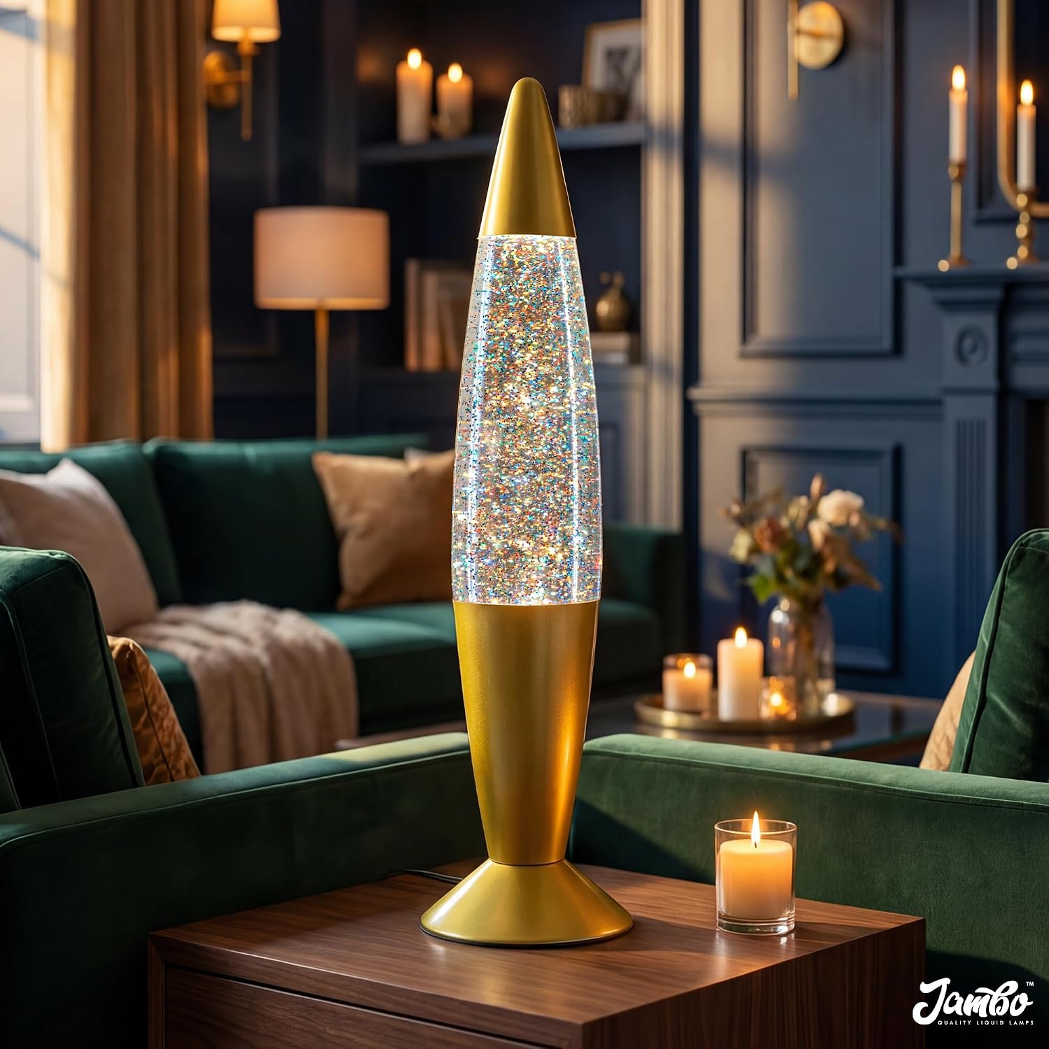 JAMBO 16" Beautiful Lamp- Purple with Yellow/Orange Wax, Relaxing Liquid Light, Night Light Nightlight