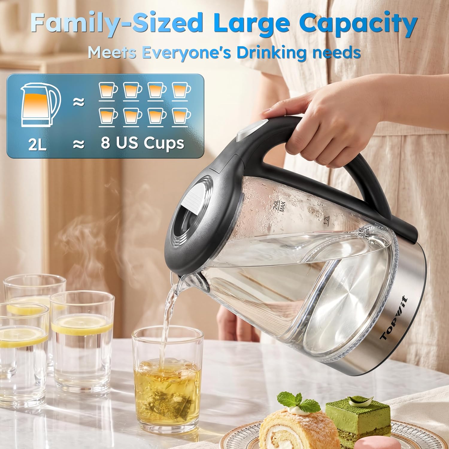 TOPWIT 2.0L Glass Electric Kettle, Hot Water Boiler, BPA-Free