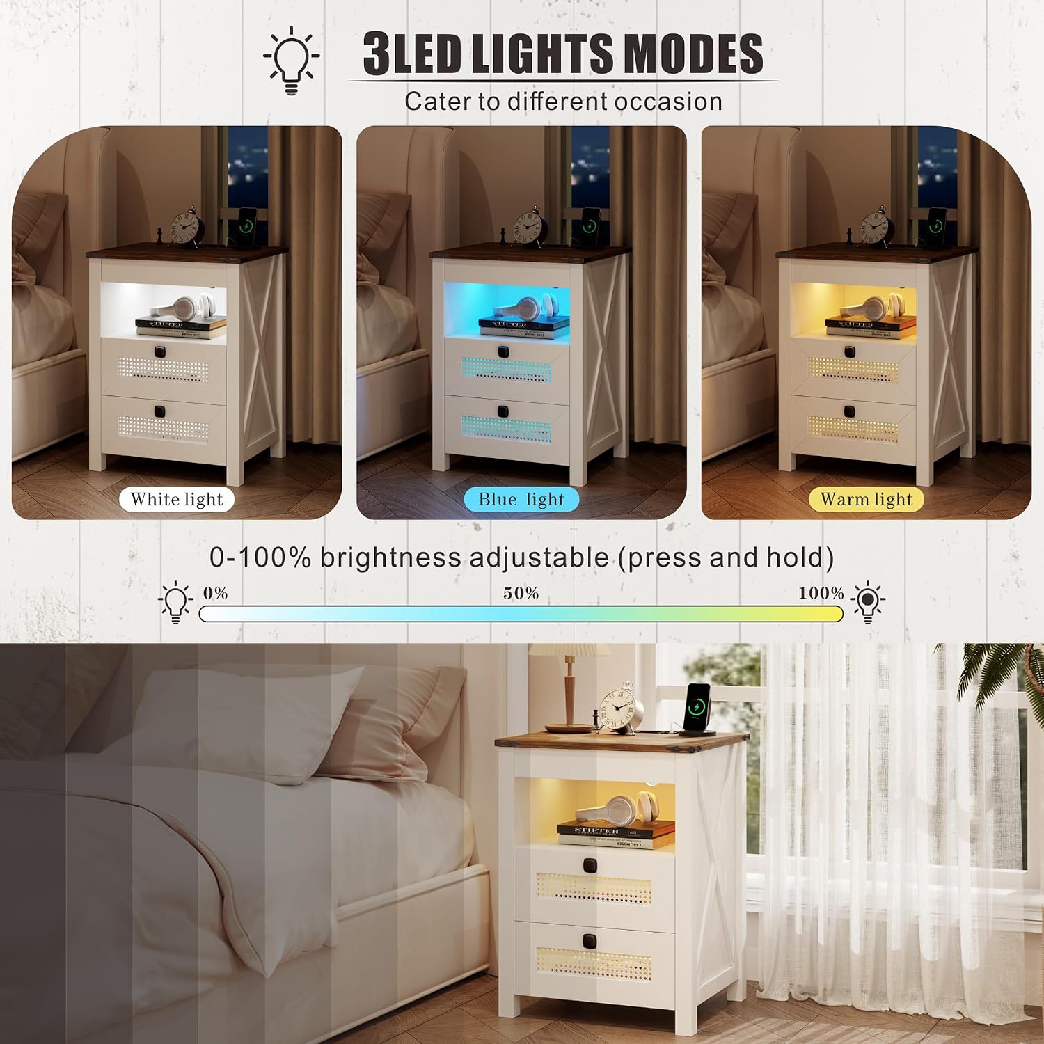 LED Night Stand with Gun Drawer & Charging Station | Human Sensor Lights, Hidden Storage, Farmhouse Rattan Style, 3 Drawers, Bedside Table for Bedroom, End Tables Livingroom