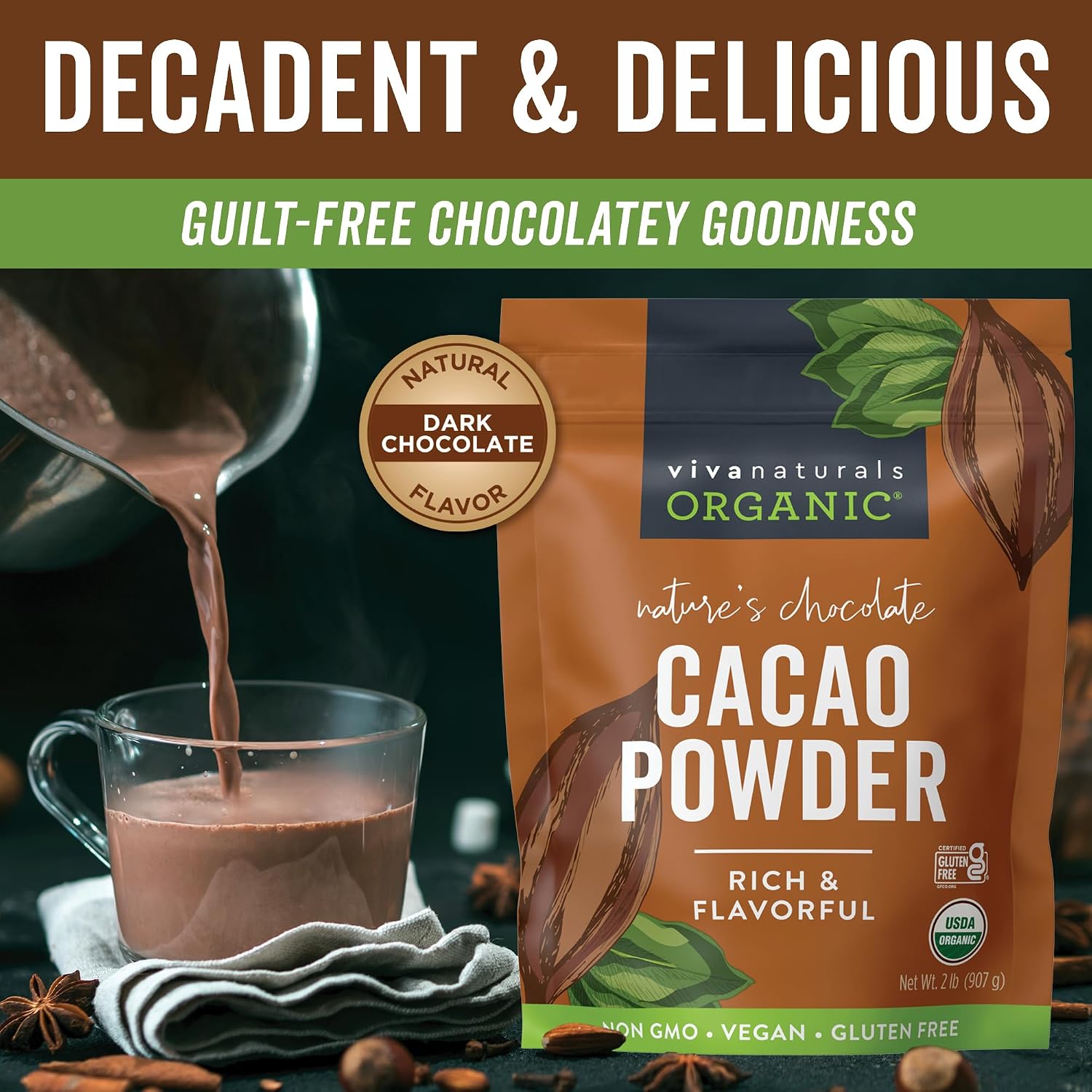 Organic Cacao Powder, Unsweetened, 1 lb (454 g) – Rich Dark Chocolate Flavor, Perfect for Baking, Smoothies & Hot Chocolate – Vegan, Keto, Paleo, Non-GMO & Gluten-Free Cocoa Powder