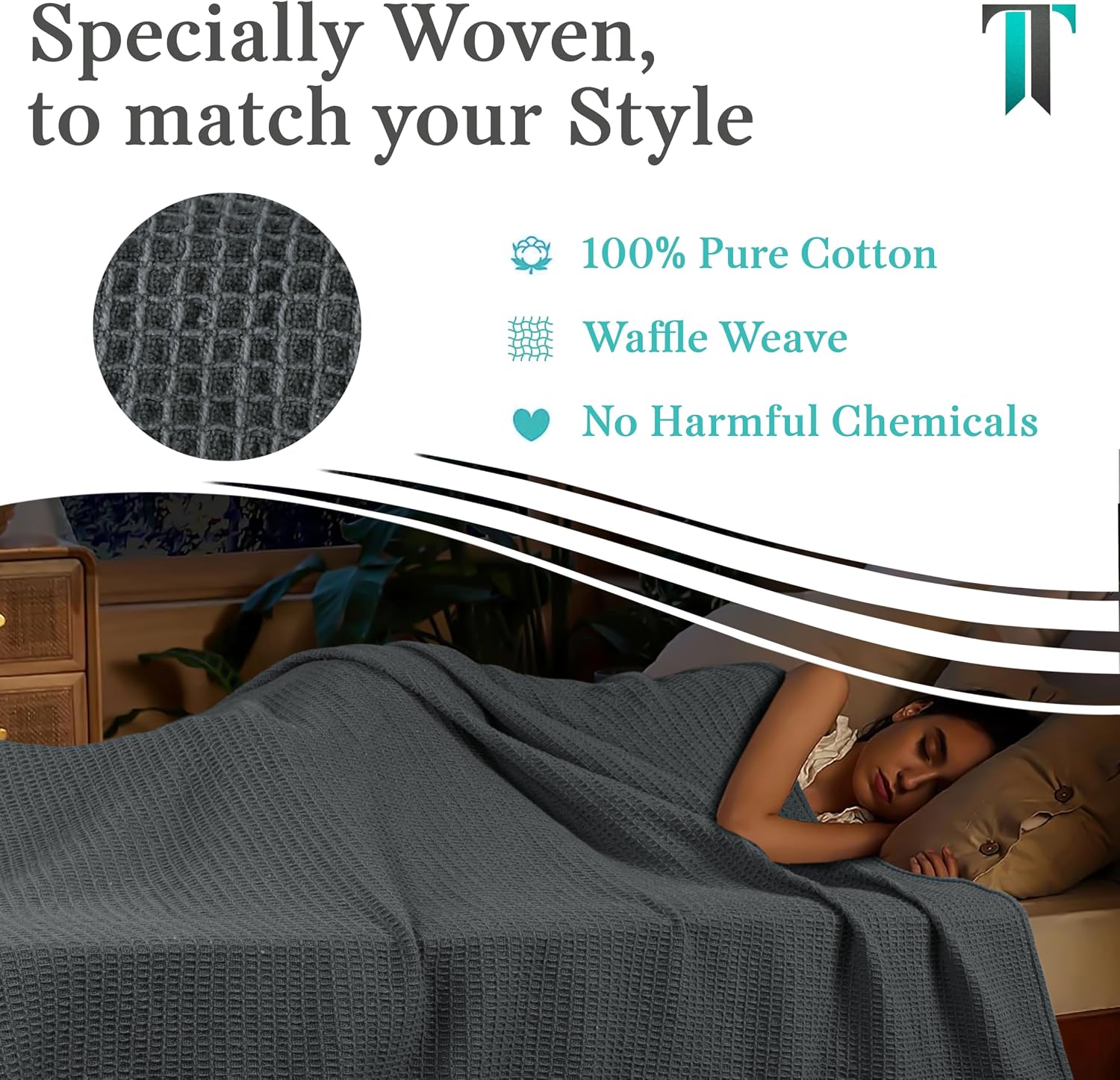 Tex Trend 100% Cotton Waffle Weave Blanket Queen Size - Soft, Breathable Cooling Blanket for Bed, Lightweight Cozy Summer & Spring Bedding, Grey, 90x90