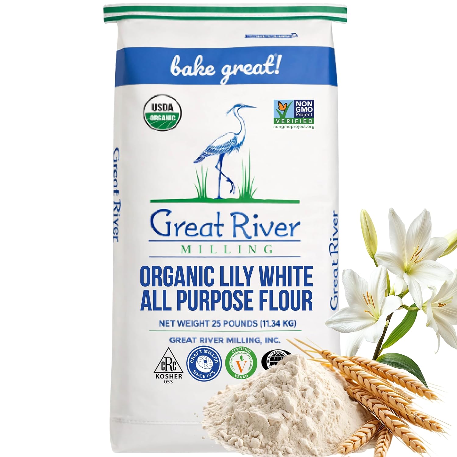 Great River Milling Organic Lily White All Purpose Flour, 25 lb | Organic Lily White All-Purpose Flour for cookies, cakes, muffins, biscuits, breads, pizza dough and pie crust; balanced