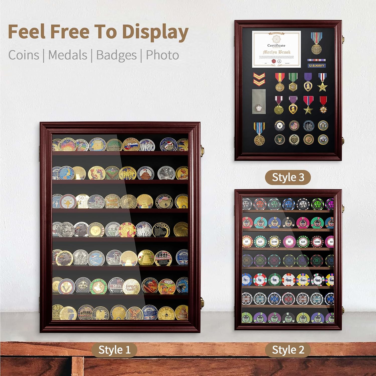 ASmileIndeep 7 Rows Military Challenge Coin Holder Display Cabinet Wall Mount with HD Tempered Glass, Holds 100 Coins, Wooden Medal Display Case Shadow Box with Removable Shelves, Mahogany