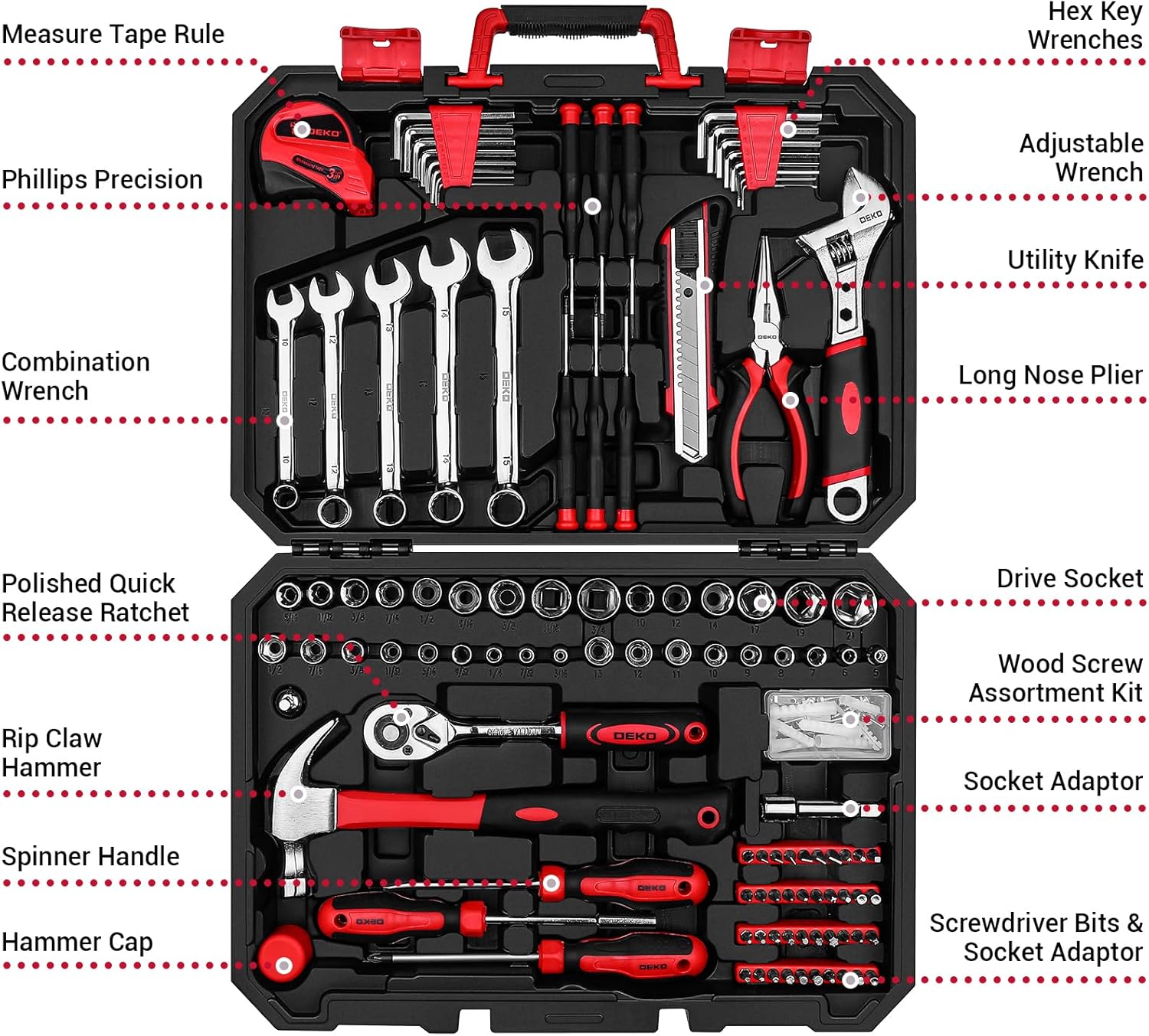 DEKOPRO 158 Piece Tool Set-General Household Hand Tool Kit,Auto Repair Tool Set, with Plastic Toolbox Storage Case