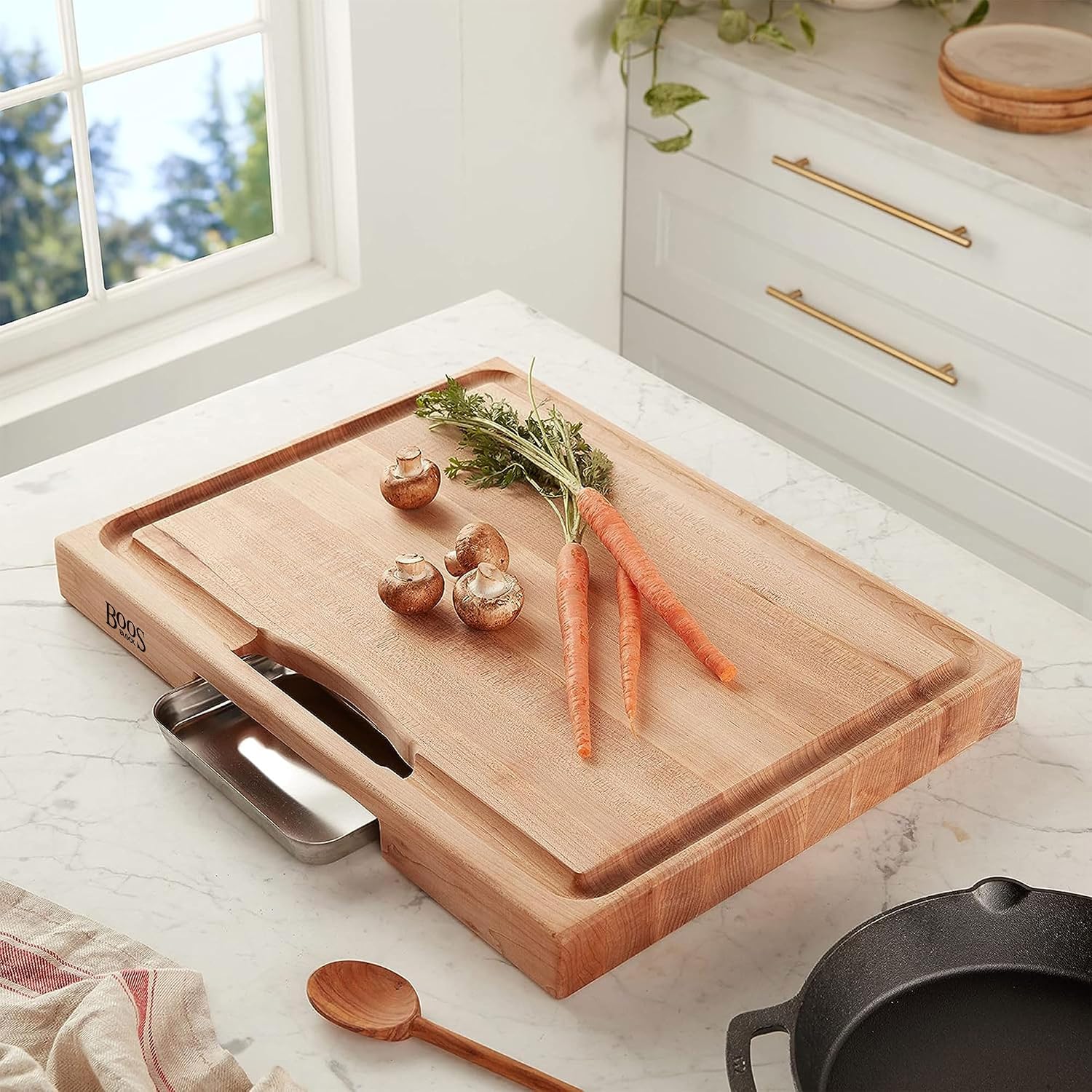 John Boos Newton Prep Master Series Rectangular Wooden Maple Cutting Board 15”x14” – 2.25” Thick, 14-lb Reversible Butcher Block with Catch Pan, Sloped Juice Groove & Edge-Grain – Made in the USA