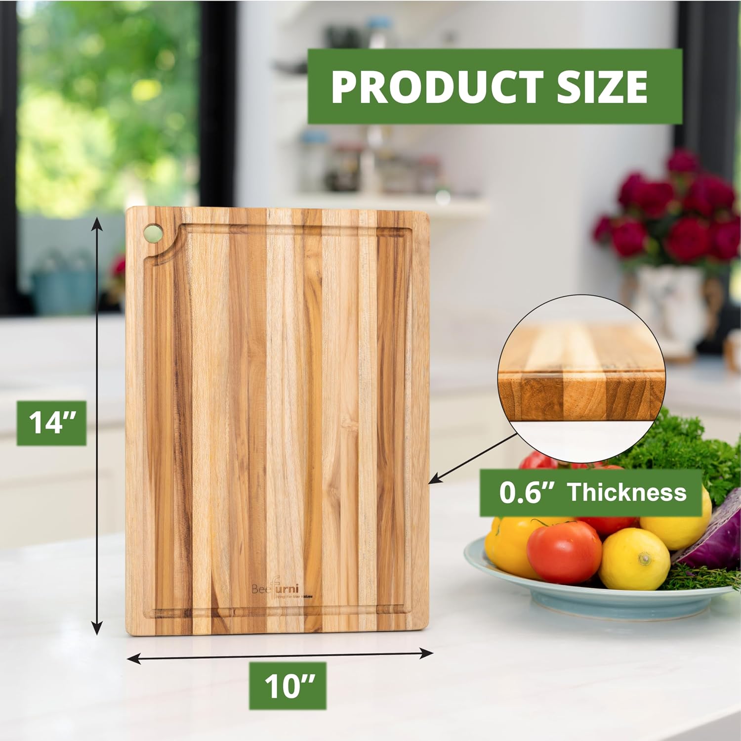 BEEFURNI Teak Wood Cutting Board with Hand Grip (20x15x1.25", M)