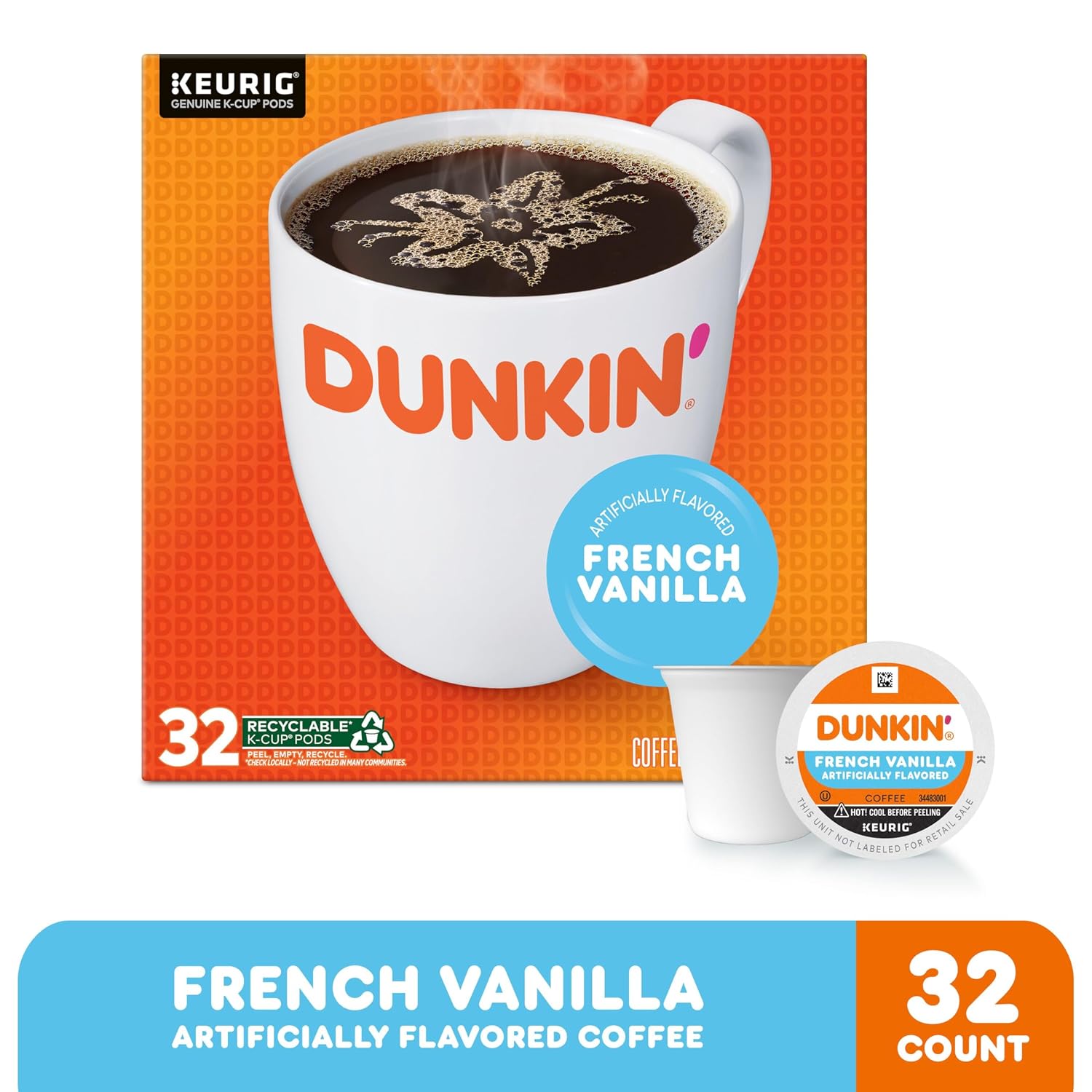 Dunkin’ French Vanilla Artificially Flavored Coffee, 60 Keurig K-Cup Pods | 6 boxes of 10 single serve coffee pods each, Smooth & rich flavor, Made with arabica coffee, Shelf stable, SNAP EBT eligible