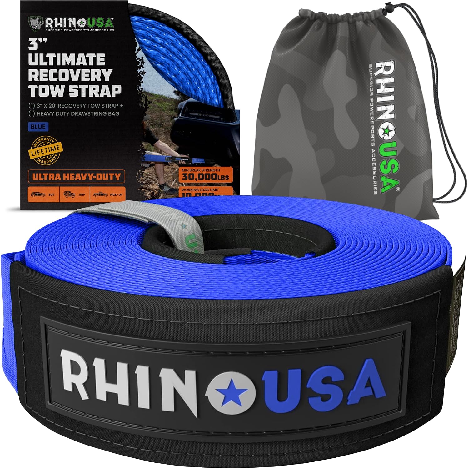Rhino USA Recovery Tow Strap (3in x 30ft) - 31,518lb Heavy Duty Towing | 31,518lb Break Strength Emergency Tow Strap, Extended 30ft Length. For Truck, UTV, ATV & Jeep Offroad Recovery. Black
