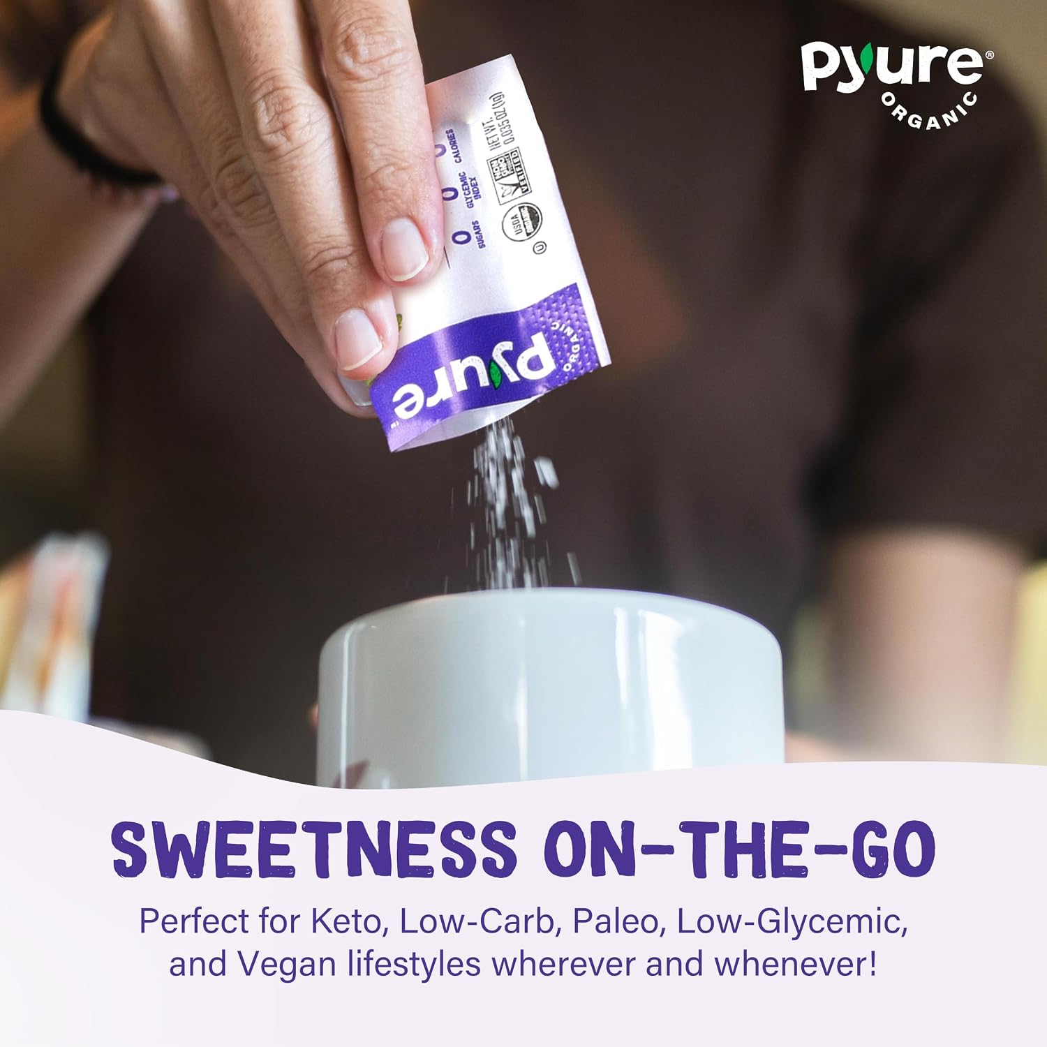 Pyure Organic Stevia Packets | Zero Calorie Sweetener For Coffee, 40 Count | Zero calorie organic stevia packets for coffee, tea, baking, keto, paleo, diabetic diets, lunchboxes, travel, and office