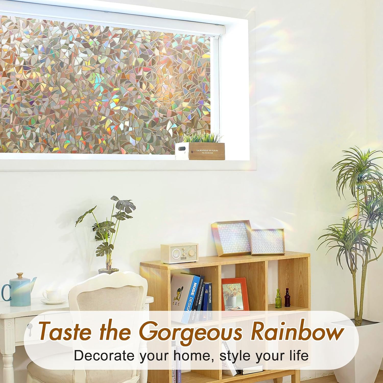 Haton Window Privacy Film, Stained Glass Rainbow Film, 17.5" x 78.7"