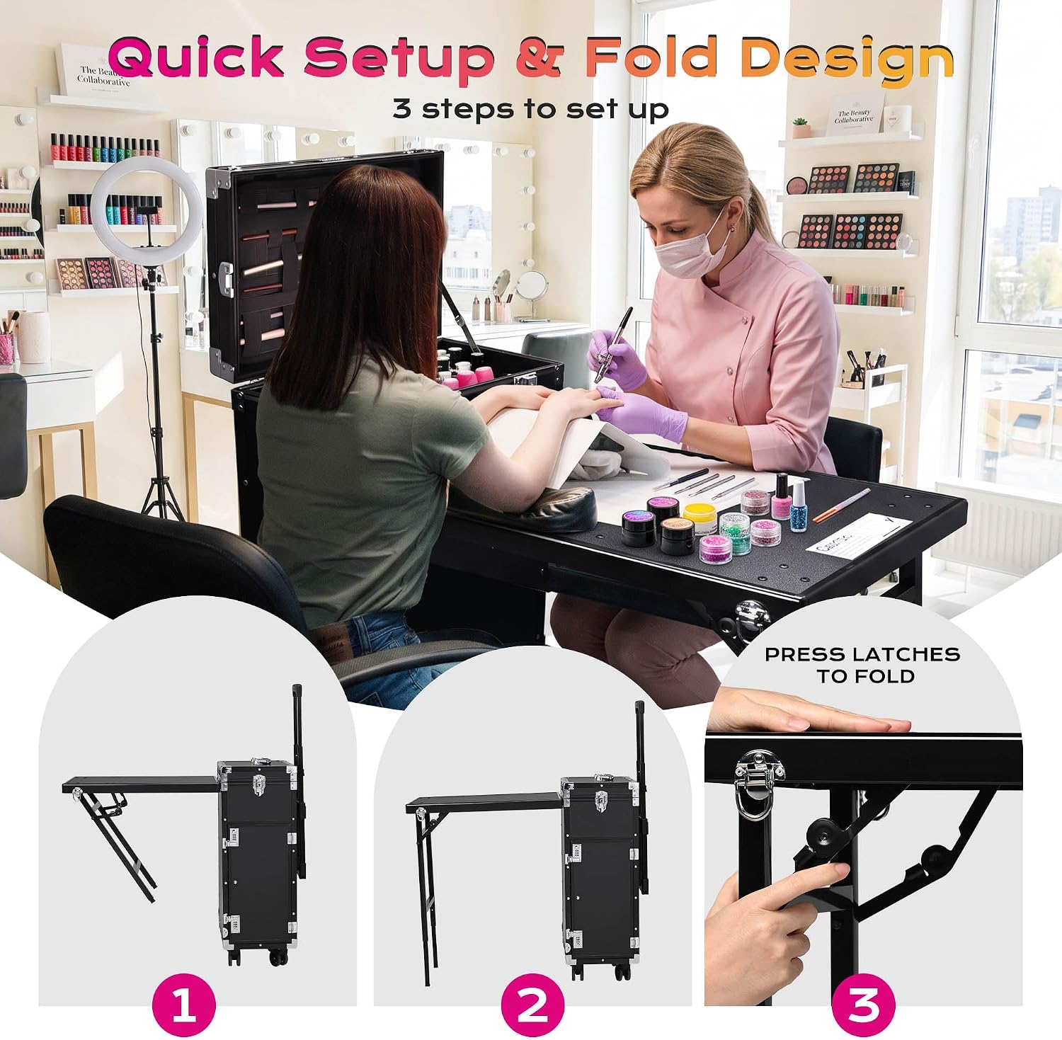 BYOOTIQUE Portable Nail Desk with 4 Storage Drawer Rolling Manicure Table